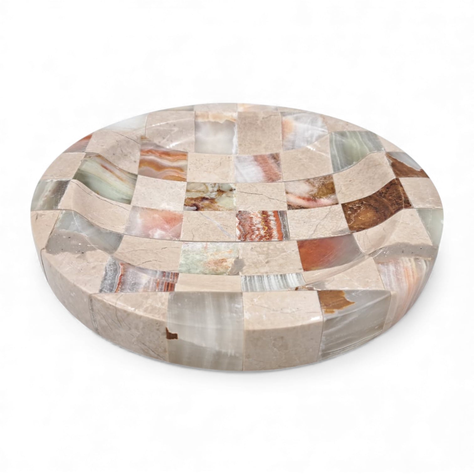Modern Travertine & Onyx Stone Tray – Handcrafted Checkered Decorative Plate for Jewelry, Keys & Home Décor (H2.5 x 20L × 20W CM) - Damoo