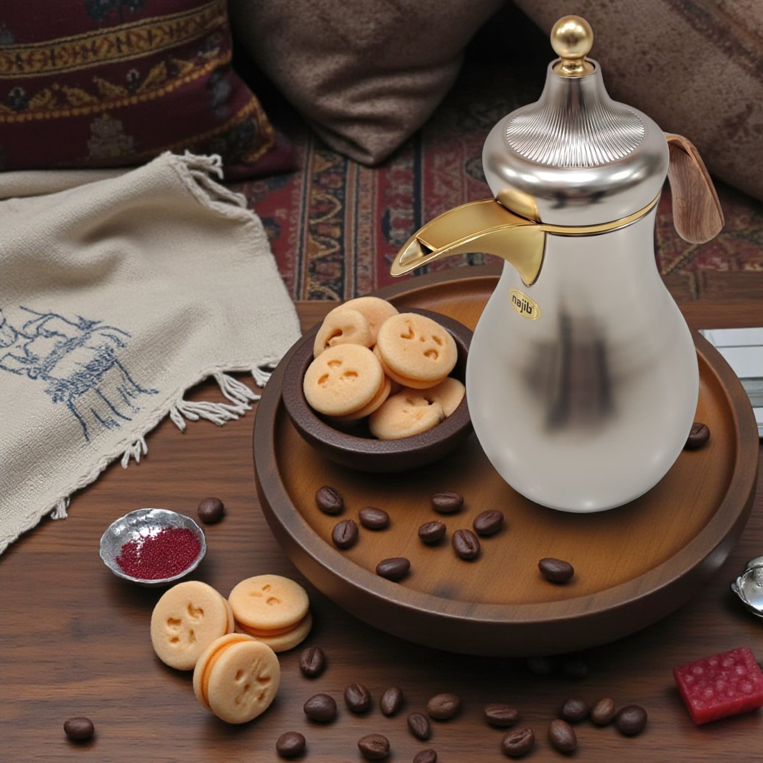 Najib Vacuum Flask Set (1L + 0.7L) Premium Insulated Thermos with Wood-Style Handle | Double Wall Flask for Hot & Cold Beverages | Modern Design for Home, Office & Travel - Damoo