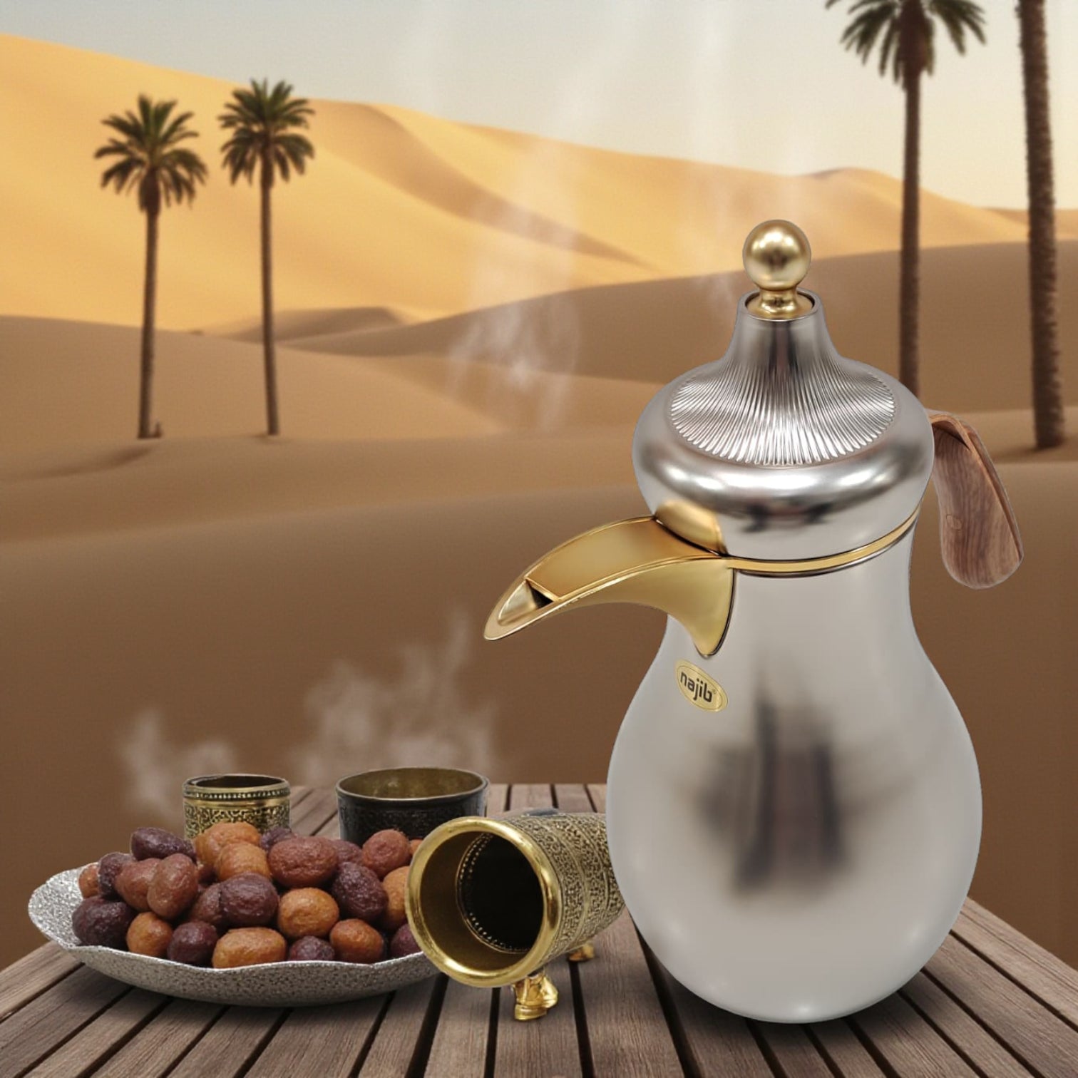 Najib Vacuum Flask Set (1L + 0.7L) Premium Insulated Thermos with Wood-Style Handle | Double Wall Flask for Hot & Cold Beverages | Modern Design for Home, Office & Travel - Damoo