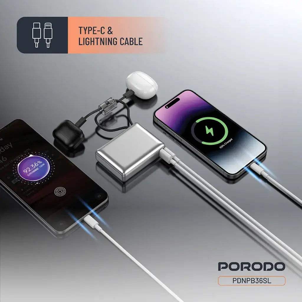 PORODO PETITE 10000mAh Power Bank – PD 20W Portable Charger with Integrated Type-C and Lightning Cables, Silver/Gray