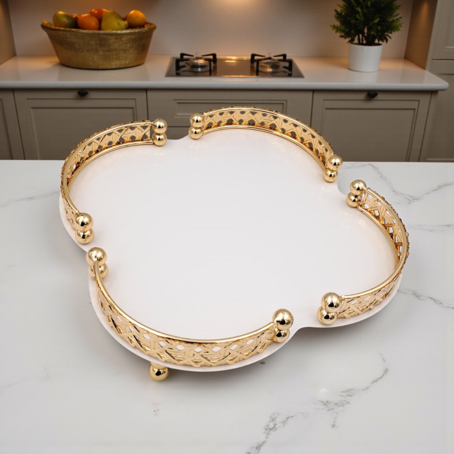 Elegant Ceramic Serving Bowl with Golden Metal Stand and Glass Lid – Luxury Flower-Shaped Dish for Sweets, Snacks & Dry Fruits | Al Habbai Collection - Damoo