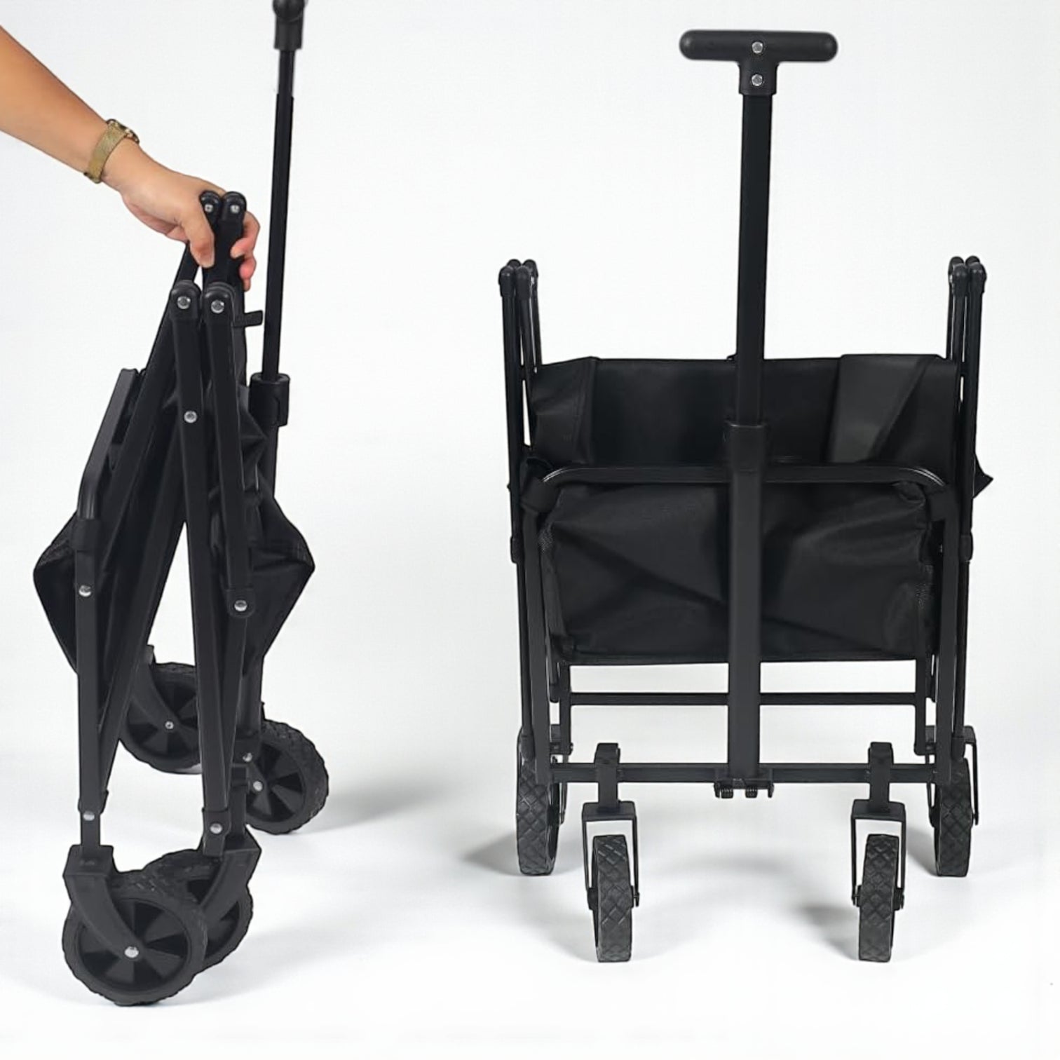 Foldable Utility Wagon Cart with Adjustable Handle – Heavy-Duty Collapsible Outdoor Trolley with Large Wheels for Camping, Picnic, Beach, Garden & Shopping – Portable Storage Wagon Black - Damoo