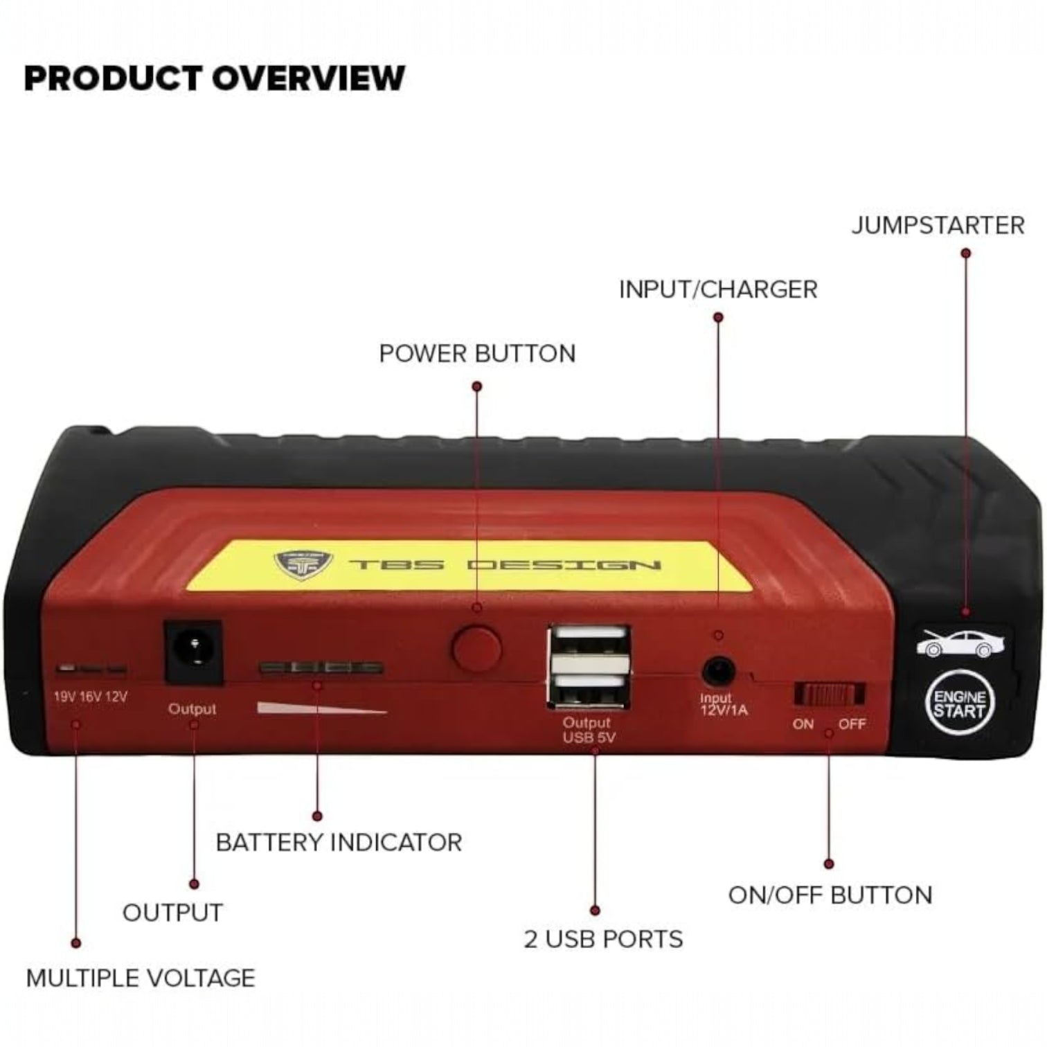 TBS DESIGN TBS-9S Portable Car Jump Starter Power Bank – Multi-Function Emergency Battery Booster with Air Compressor, Dual USB Smart Output, LED Flashlight – Compact Auto & Outdoor Power Supply - Damoo