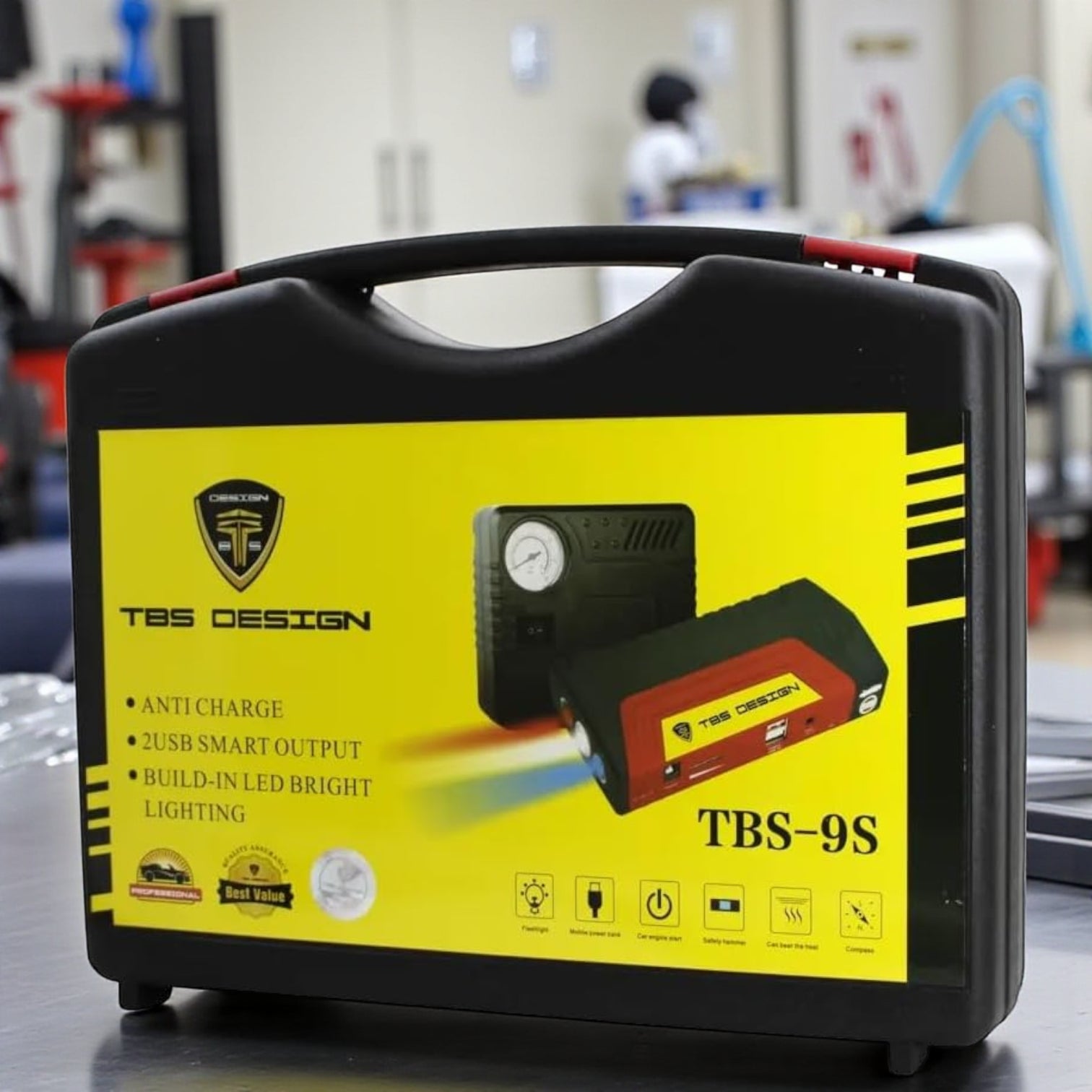 TBS DESIGN TBS-9S Portable Car Jump Starter Power Bank – Multi-Function Emergency Battery Booster with Air Compressor, Dual USB Smart Output, LED Flashlight – Compact Auto & Outdoor Power Supply - Damoo