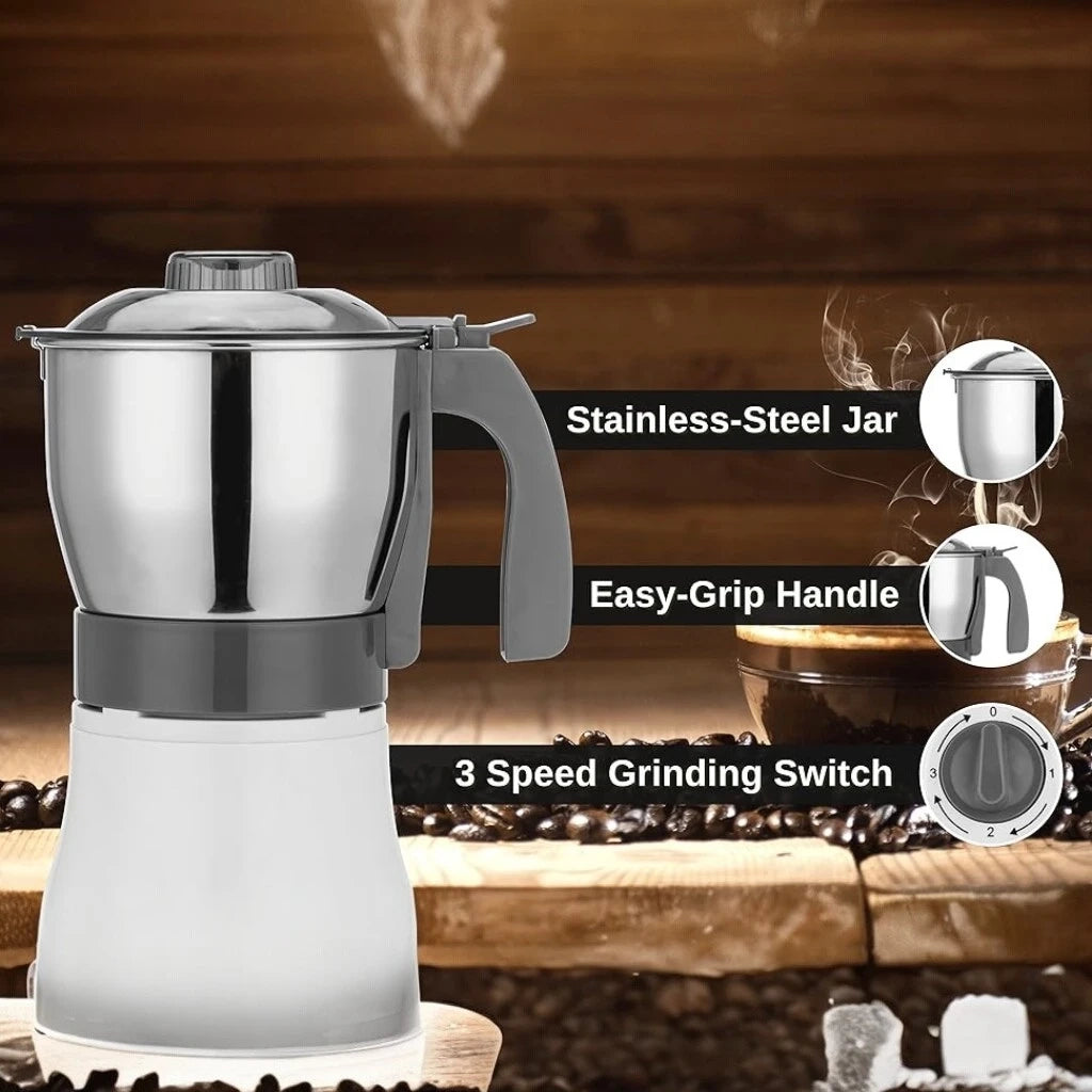 Sonashi Coffee/Spice Grinder – 0.8L, Detachable Stainless Steel Jar, 3-Speed Mixer Grinder, Overheat Protection, 350W Electric Coffee Bean Grinder, Ideal for Spices, Nuts & Dried Fruits – White/Silver/Grey - SCG-4006 - Damoo