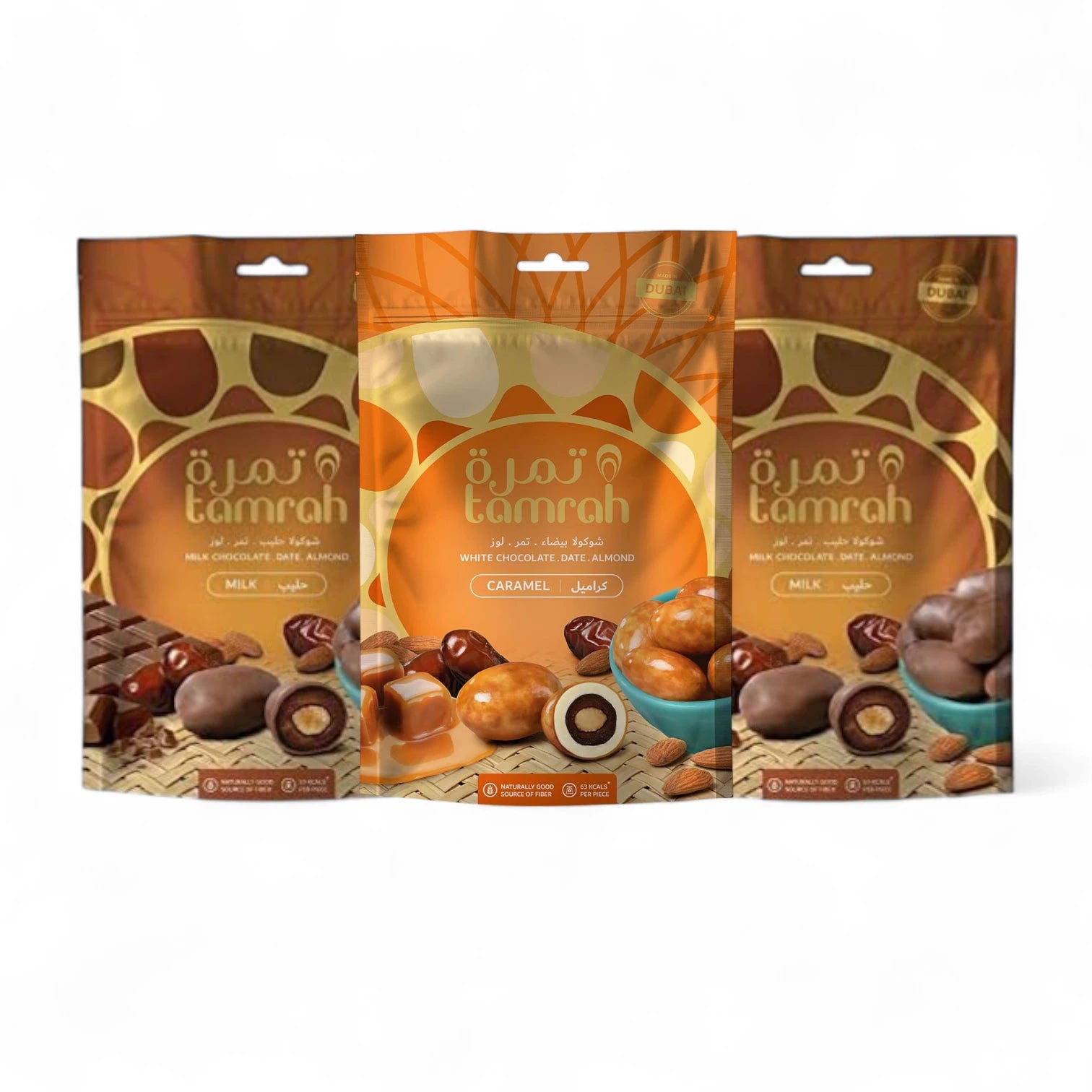 Tamrah Caramel Chocolate Dates with Almonds – Premium White Chocolate Coated – Zipper Bag – Indulgent Snack & Gifting Delight – Halal, Shareable & Resealable Pack - Damoo