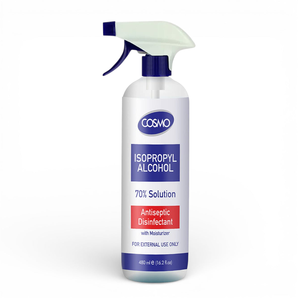 Cosmo Isopropyl Alcohol 70% Antiseptic Disinfectant Solution with Trigger Spray & Moisturizer – Multi-Purpose Germ Protection for Skin & Surfaces (480ML) - Damoo
