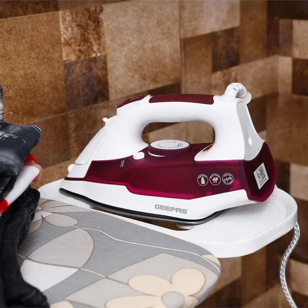 Geepas 2400W Powerful Steam Iron with Non-Stick Soleplate – 240ml Water Tank, Vertical Steam & Spray Function, Self-Cleaning, 5-Mode Temperature Dial for Clothes, Curtains & Upholstery | GSI7809 - Damoo