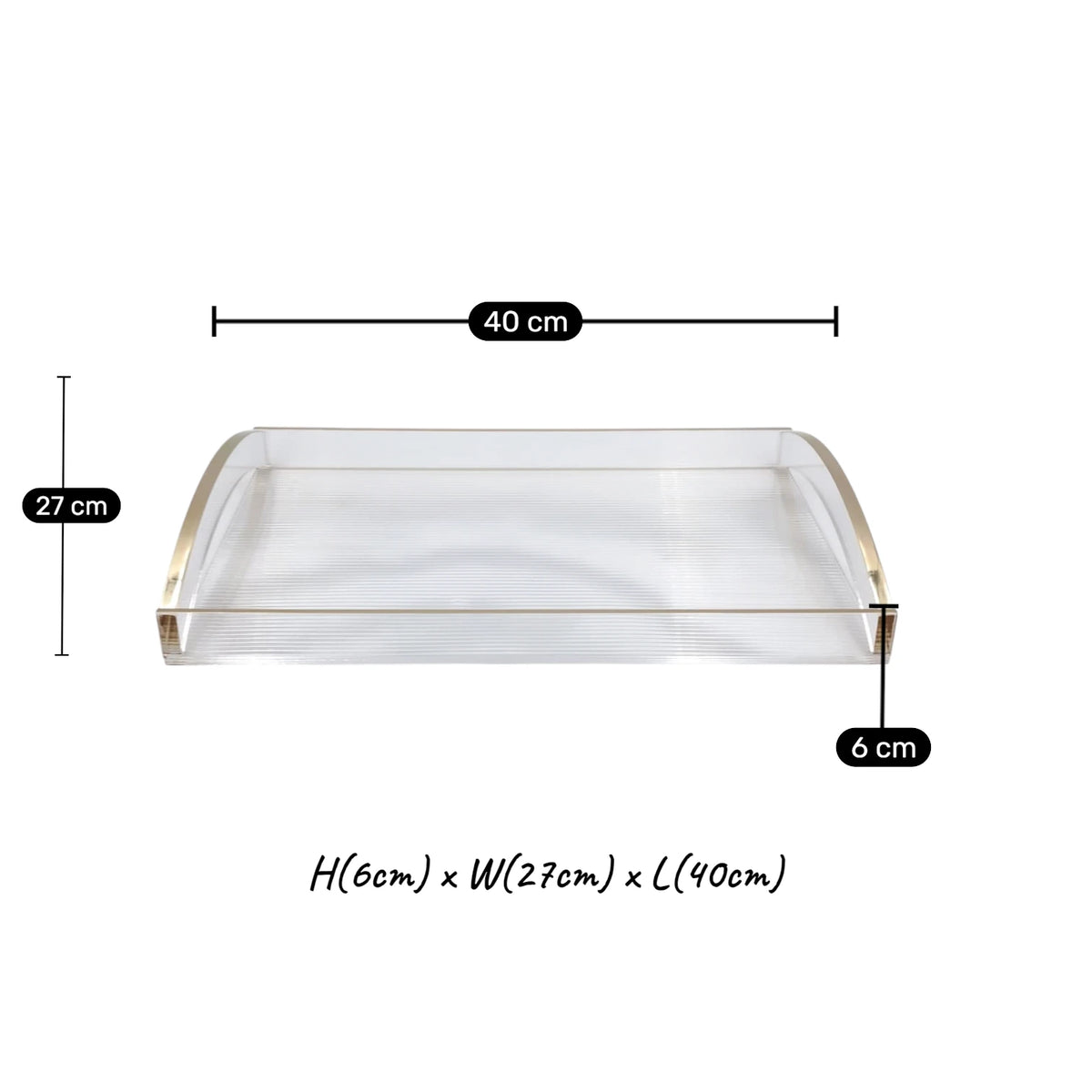 Modern Acrylic Serving Tray with Gold & Silver Arc Handles – Clear Ribbed Organizer Tray (6H x 40L x 27W CM) - Damoo