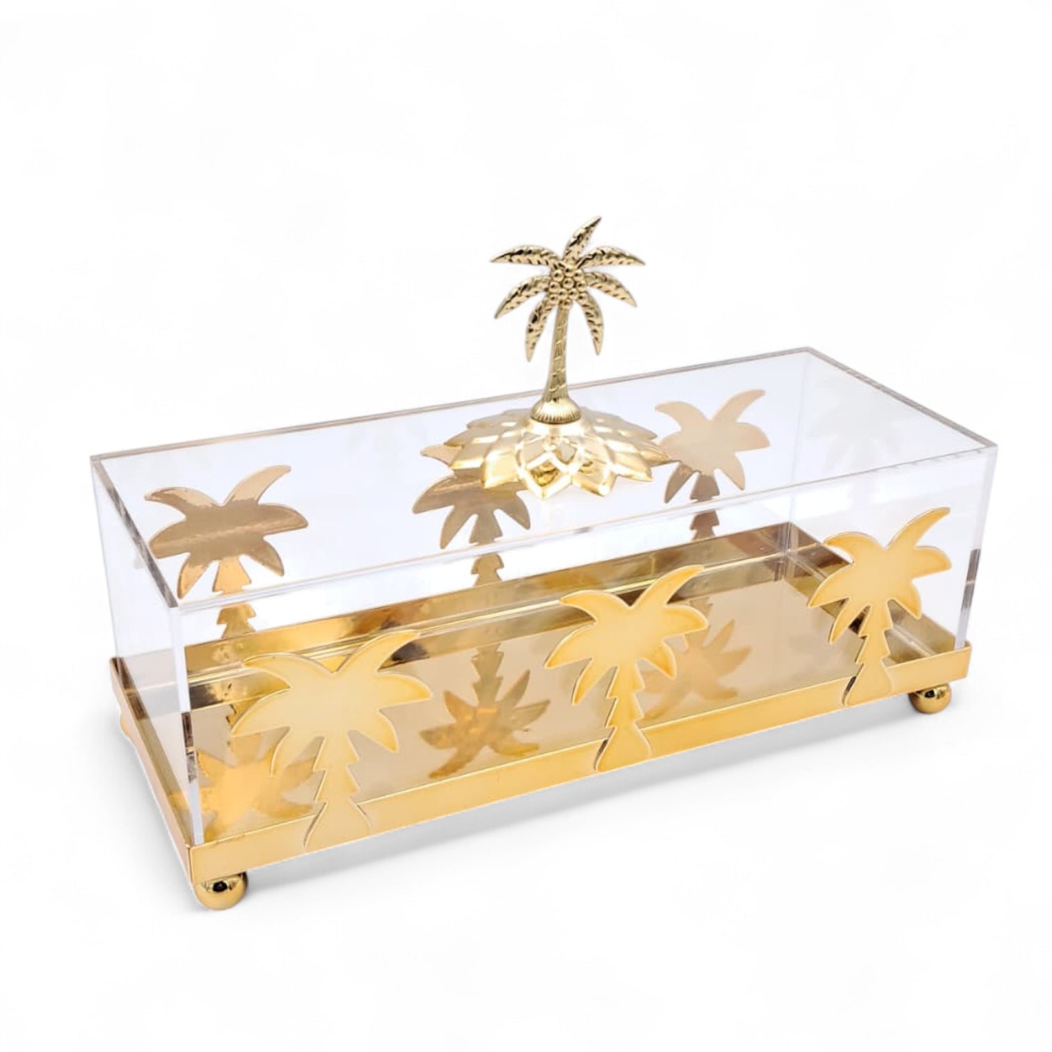 Luxury Palm Tree Acrylic & Gold Decorative Box – Elegant Storage Tray with Lid, Golden Base & Palm Design (H16cm x W10cm x L24.5cm)