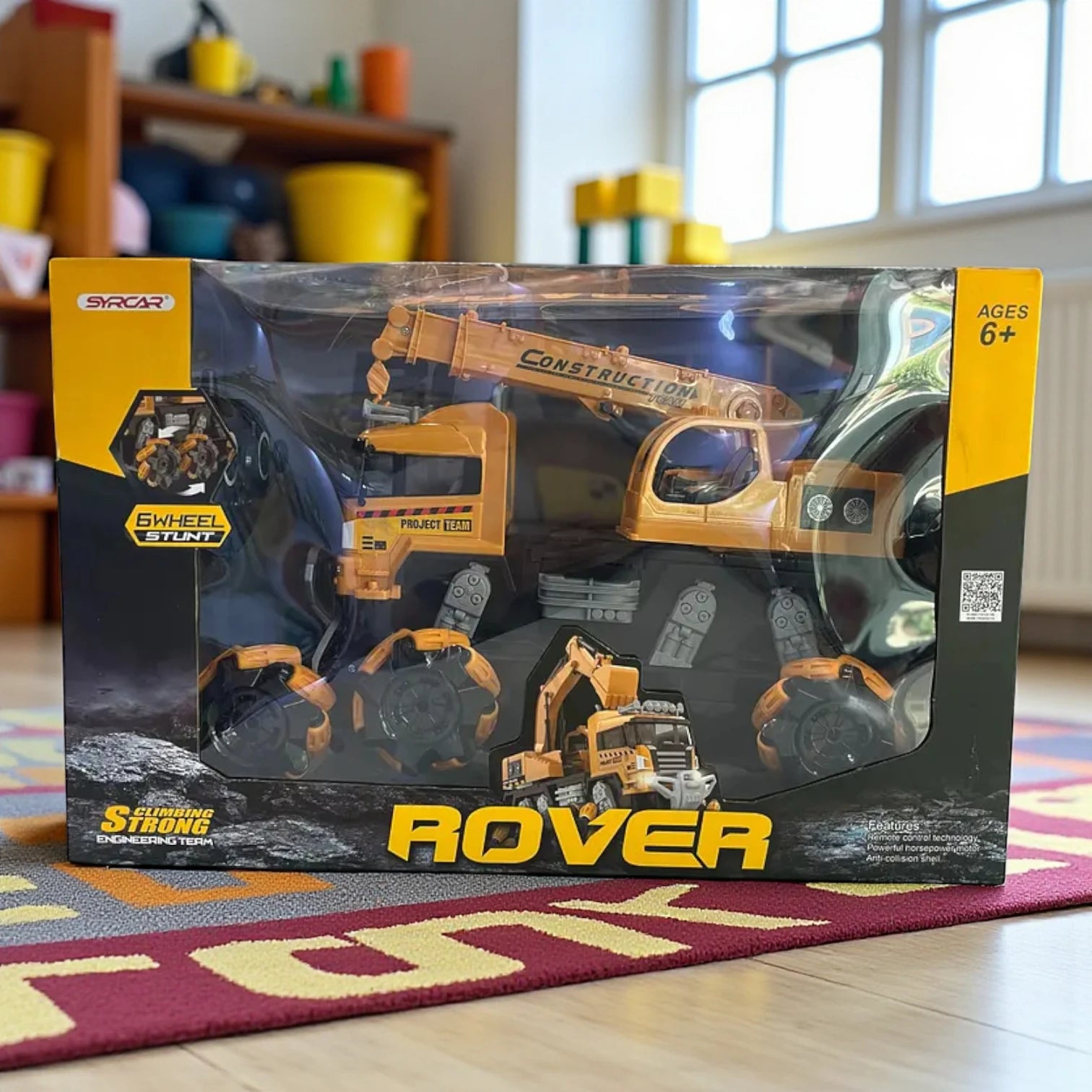 SYRCAR Remote Control Construction Rover Truck with Crane | 6-Wheel RC Stunt Vehicle | Rechargeable Engineering Toy for Kids 6+ with Climbing & Lifting Functions