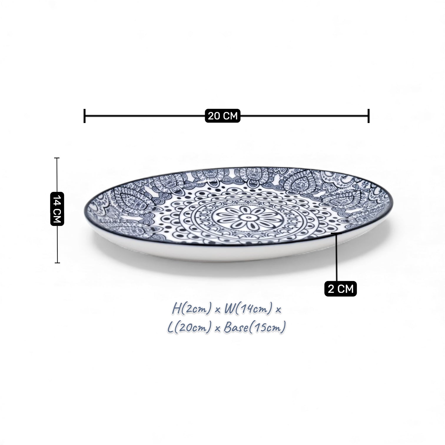 Ceramic Oval Bowl 20 cm – Blue Arabesque Pattern | Glazed Porcelain Serving Bowl for Snacks, Desserts, Nuts & Side Dishes | Microwave & Dishwasher Safe