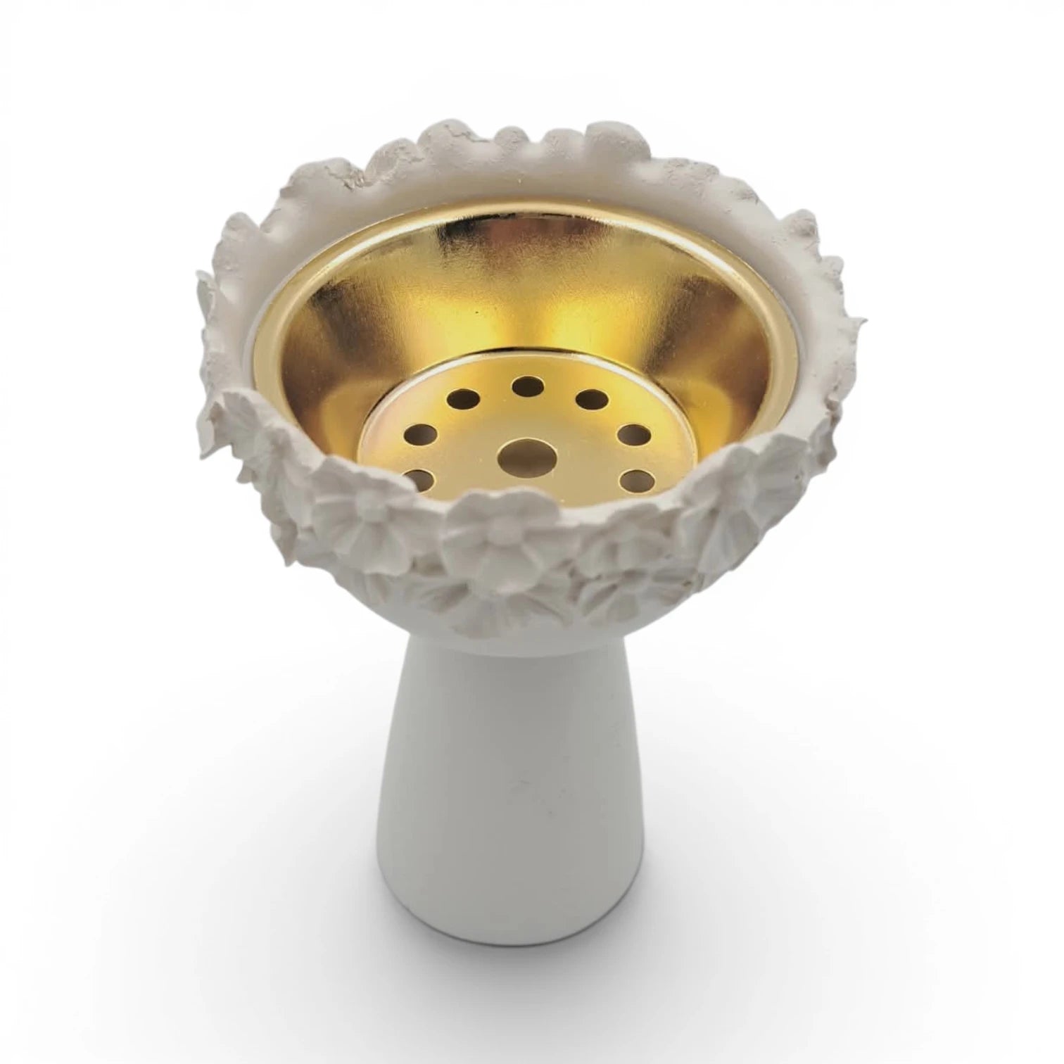 Floral Decorative Incense Burner for Bakhoor Oud, White Ceramic Style Burner with Gold Metal Cup, Elegant Home Fragrance Burner (8H x 6L × 6W CM) - Damoo