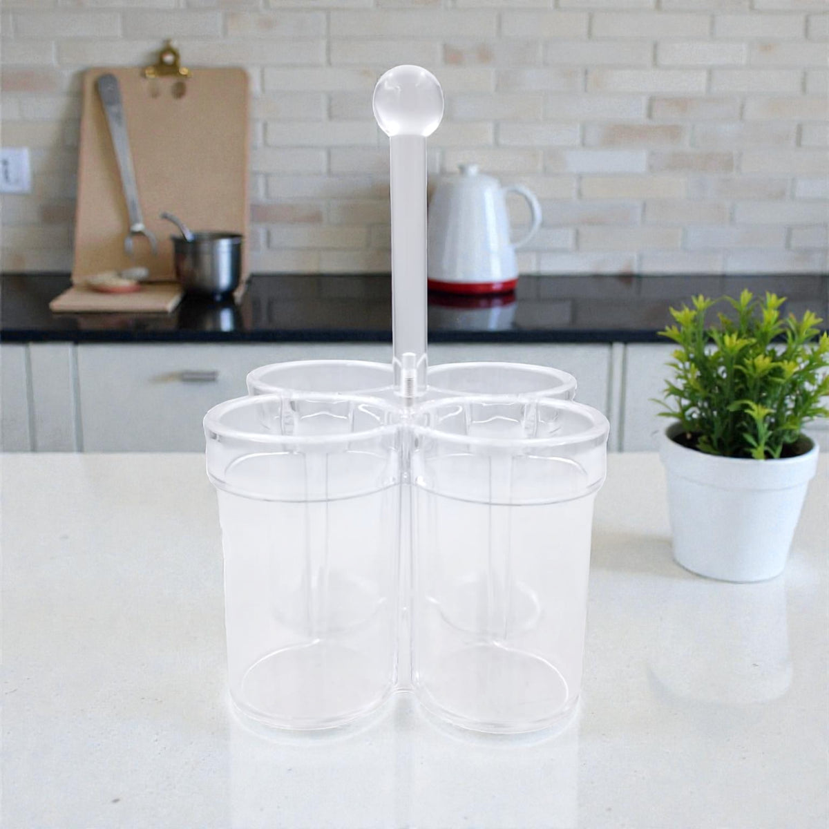 Orchid 4-Compartment Clear Acrylic Utensil Holder – Kitchen Cutlery Organizer with Handle for Countertop & Dining Table (26H x 16L × 16W CM) - Damoo
