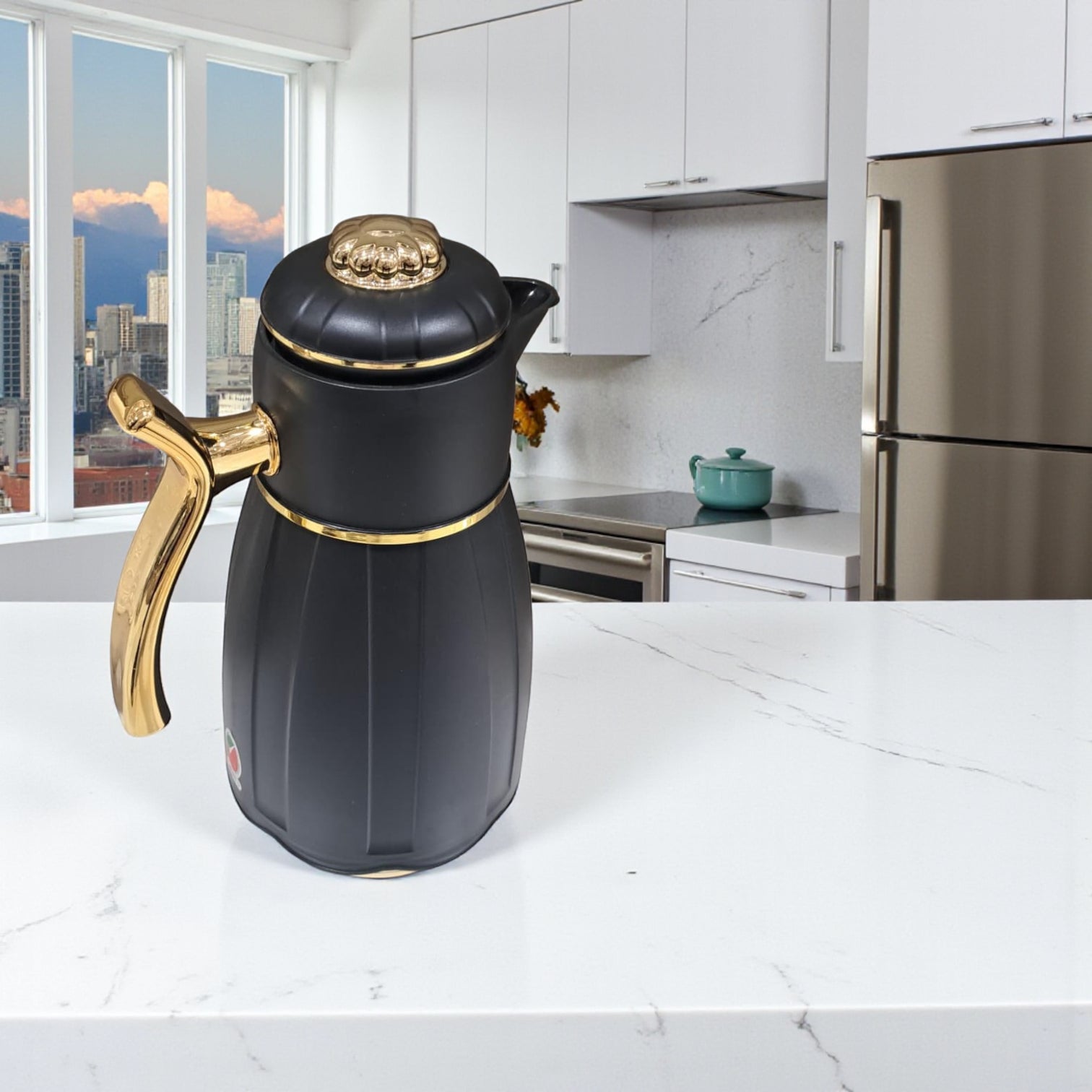 GERMAX Arabic Vacuum Flask 1.0L – Golden Lid | Premium PP Plastic Thermo Coffee & Tea Pot | Keeps Drinks Hot for 12 Hours & Cold for 24 Hours - Damoo