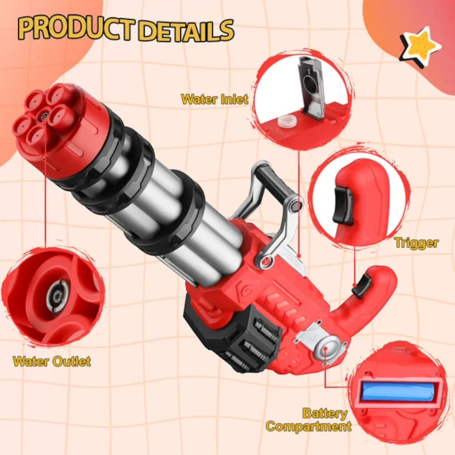 Electric Gatling Water Gun for Kids – Automatic Rotating Barrel Water Blaster with Long Range, Durable Waterproof Design, Outdoor Summer Toy for +6 Years - Damoo