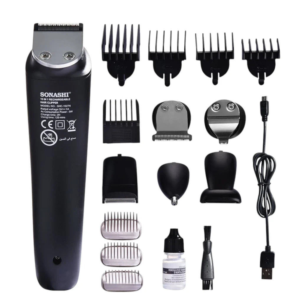 Sonashi 15-in-1 Rechargeable Hair Clipper & Grooming Kit – Stainless Steel Blades, Cordless & Corded Use, 9 Guide Combs, Full-Size & Nose Trimmer, 120min Runtime, USB Charging – With Stand & Accessories - SHC-1027N - Damoo