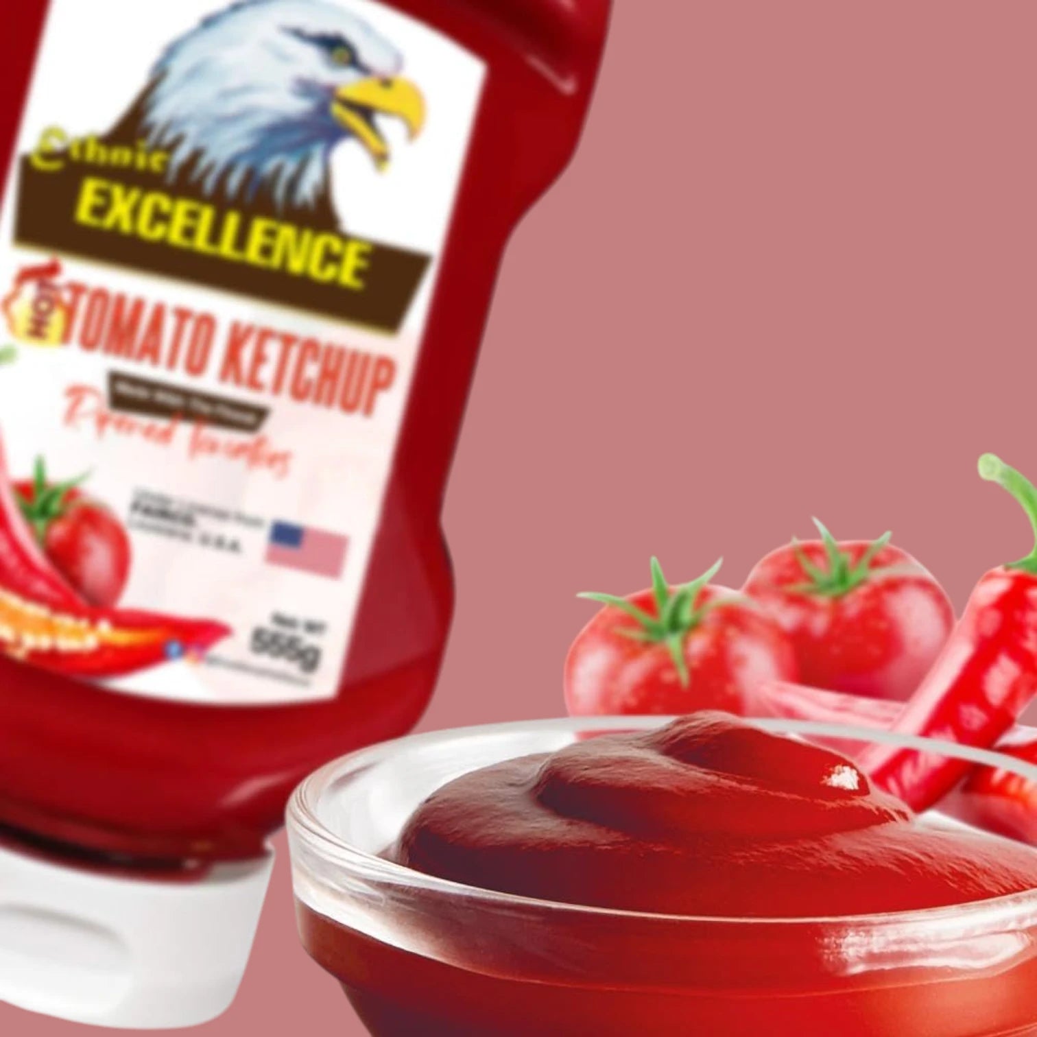 Excellence Ethnic Tomato & Hot Tomato Ketchup Combo Pack β 2 x 555g Squeezy Bottles | Rich, Spicy, & Sweet Flavors | No Trans Fat or Cholesterol | Ideal for Dips, Marinades & Condiments - Damoo