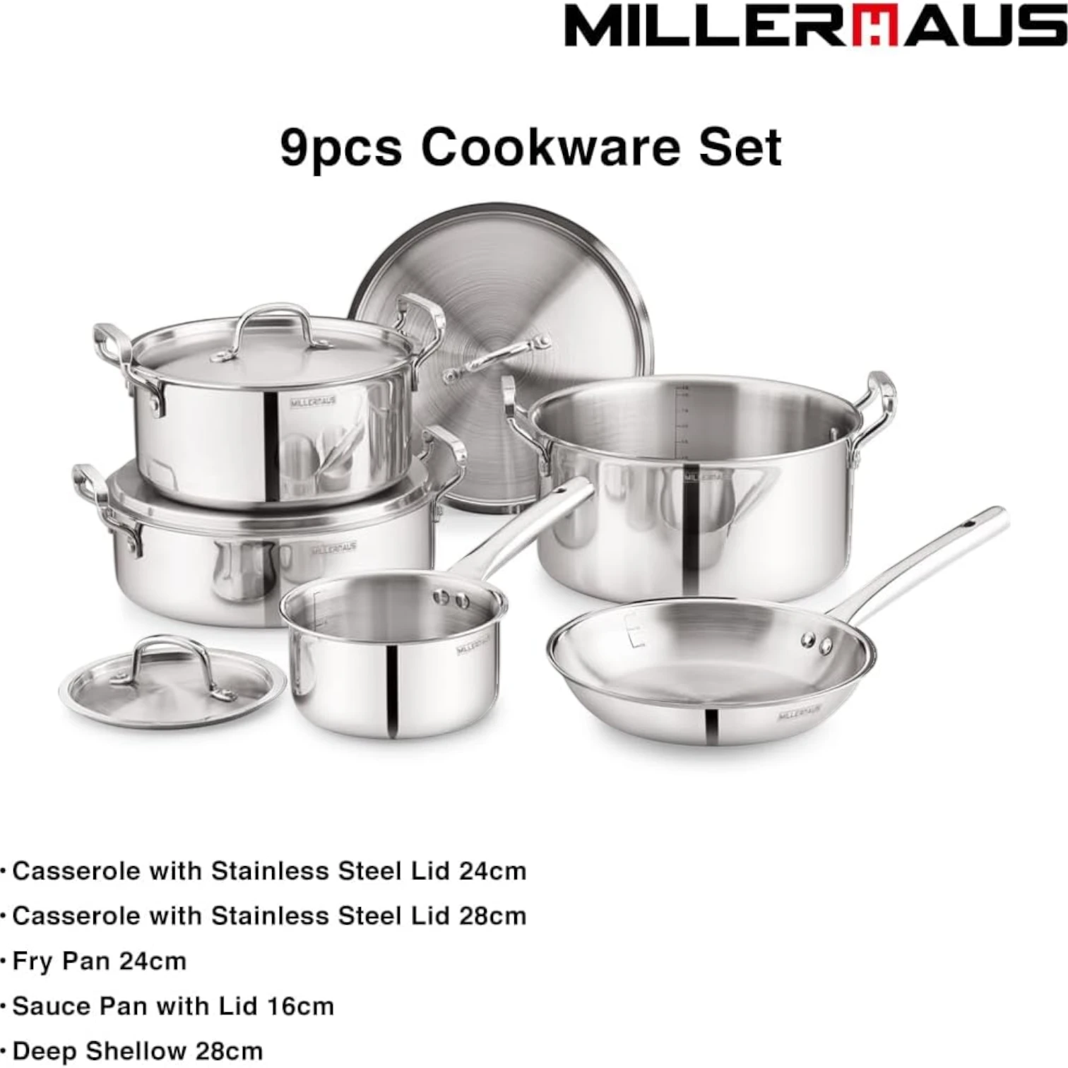 Millerhaus 9-Piece Stainless Steel Cookware Set – Premium 18/10 Steel, Saucepan, Frypan, Casseroles & Deep Pot with Lids, Durable & Induction Ready (MHIN-0832) - Damoo