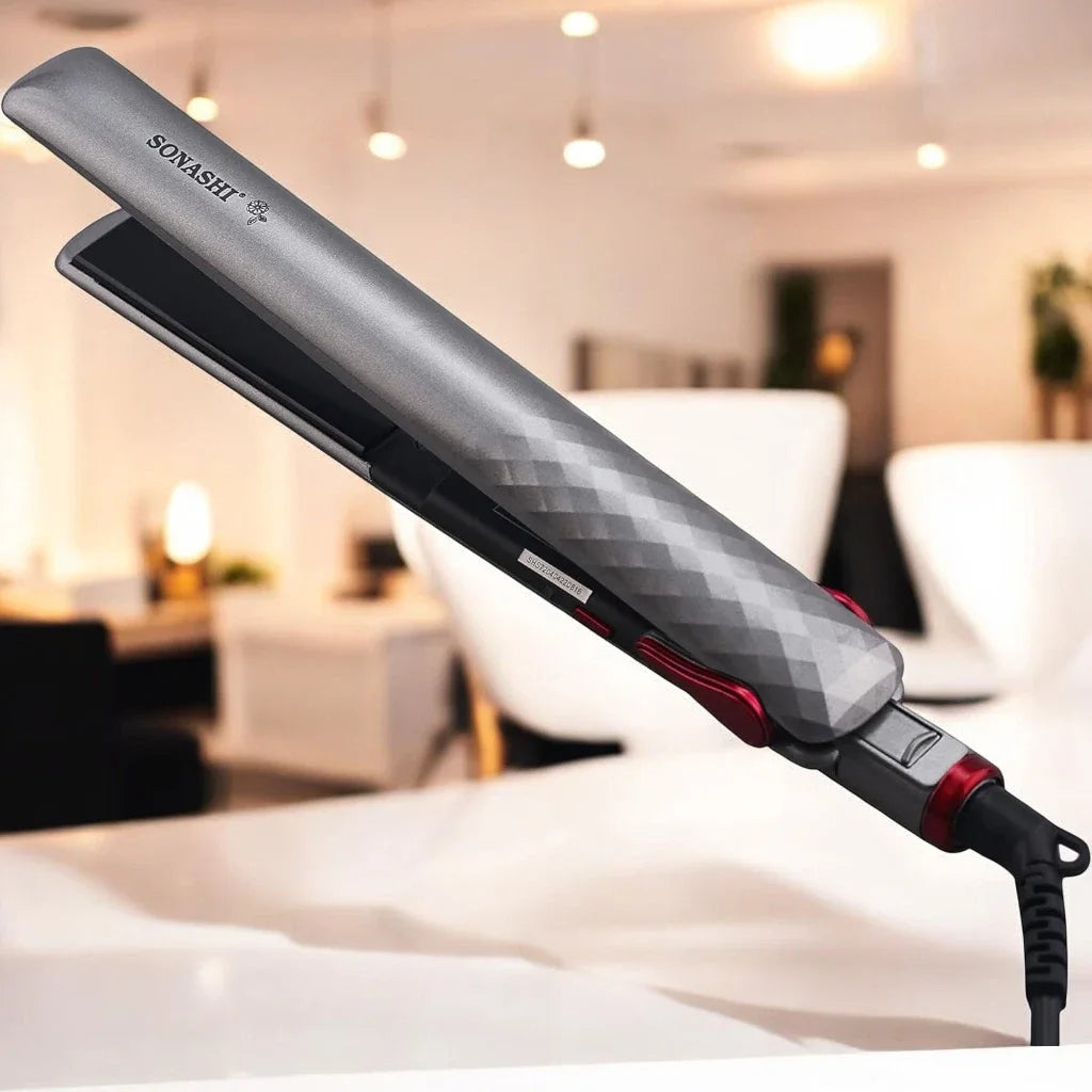 Sonashi Hair Straightener with Ceramic Coating Plates – LCD Display, Max Temperature 200°C, 360° Swivel Cord, Fast Heat-Up, Auto Shut-Off – Frizz-Free, Salon-Quality Styling – Silver, 35W - SHS-2024N - Damoo