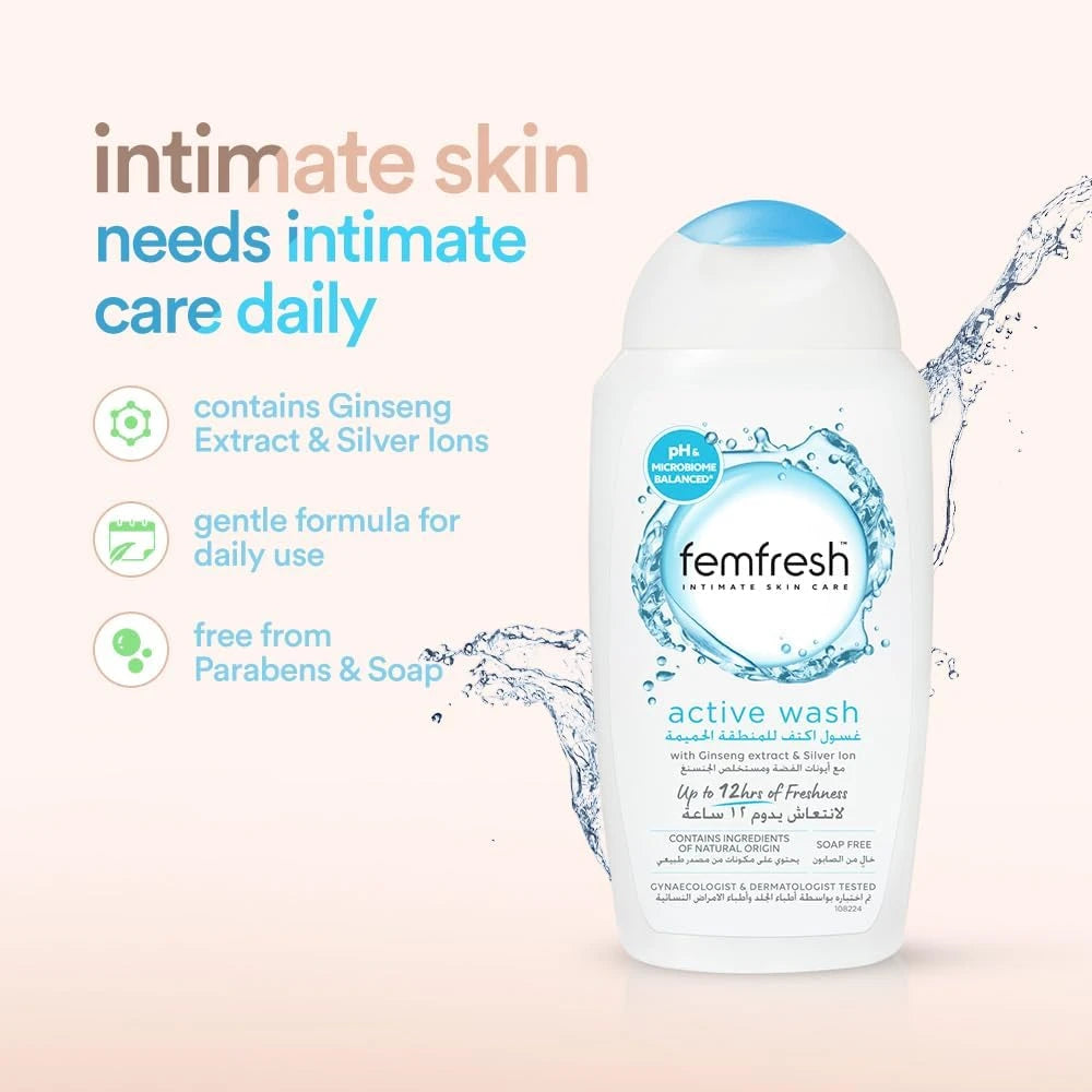 Femfresh Intimate Skincare Ultimate Care Active Fresh Wash for Women, Soap-Free pH-Balanced Daily Intimate Cleanser with Calendula & Mallow Extracts, Dermatologically & Gynaecologically Tested – 250ml - Damoo