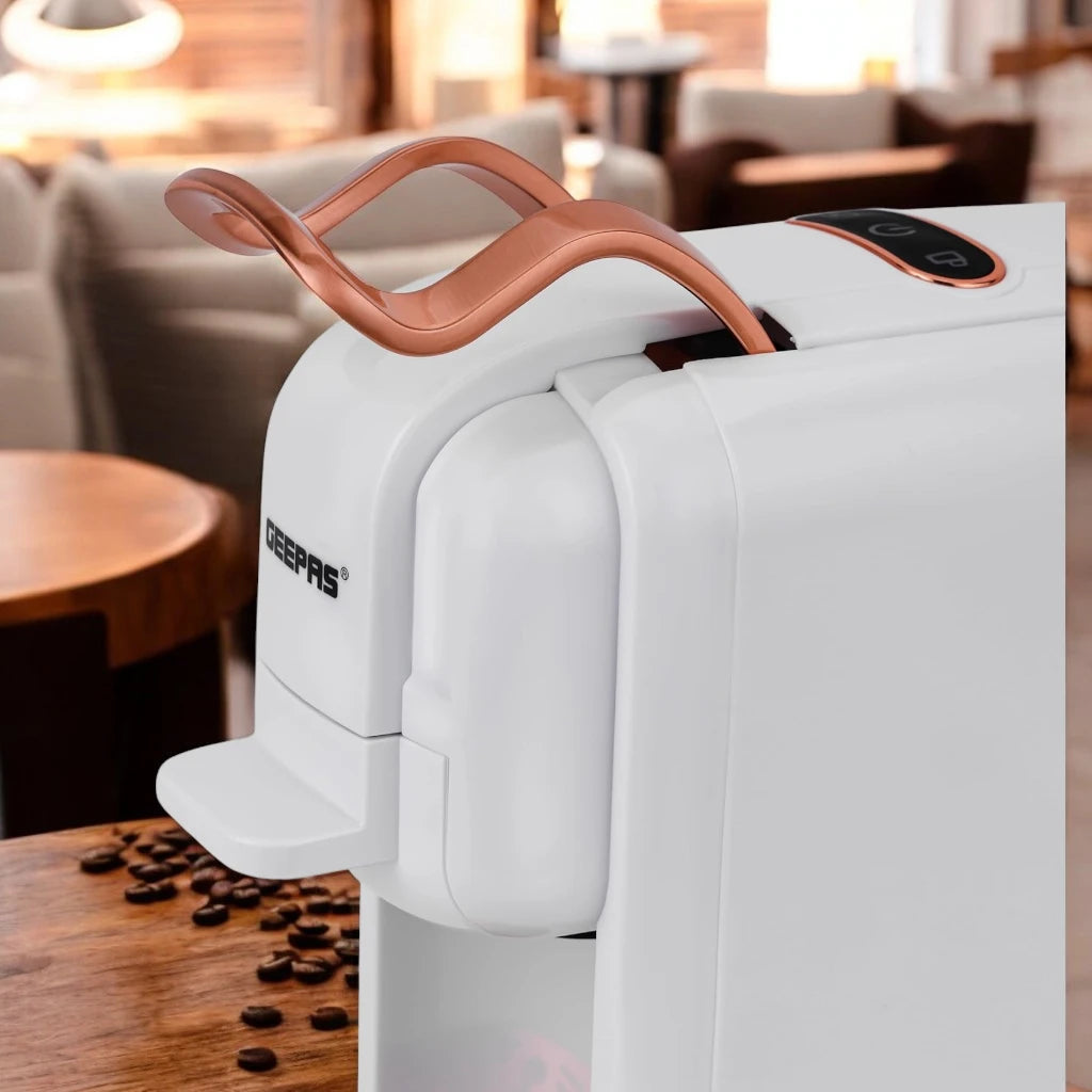 Geepas 4-in-1 Capsule Coffee Machine – 20 Bar Single Serve Espresso Maker with 600ml Water Tank, Compatible with Nespresso, Dolce Gusto, Ground Coffee & Caffitaly – Adjustable Brew Sizes, Auto Clean & Shut-Off – White - Damoo