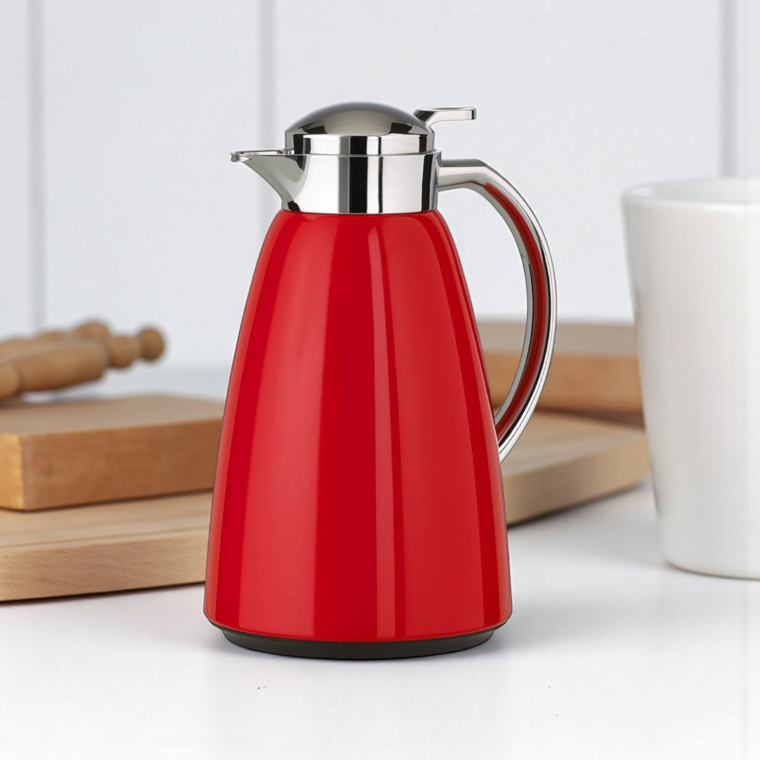 Emsa Campo Stainless Steel Thermal Carafe 1.0L (34 oz) – Red Vacuum Jug with Glass Liner, Quick-Tip One-Hand Closure, 100% Leak-Proof, 12H Heat / 24H Cold Retention, Chrome-Plated Lid & Spout - Damoo