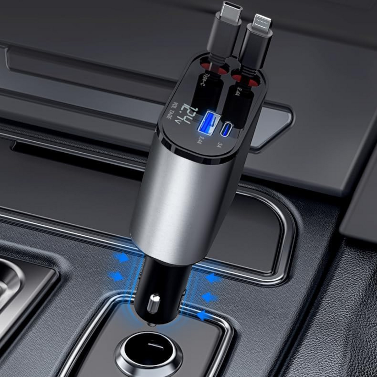 BWOO 4-in-1 Retractable Fast Car Charger 120W – Type-C + Lightning Cables with USB-A & USB-C Ports, Digital Display, 800mm Pull-Out Cable, Compatible with iPhone 15/14/13, Samsung Galaxy, Tablets & More