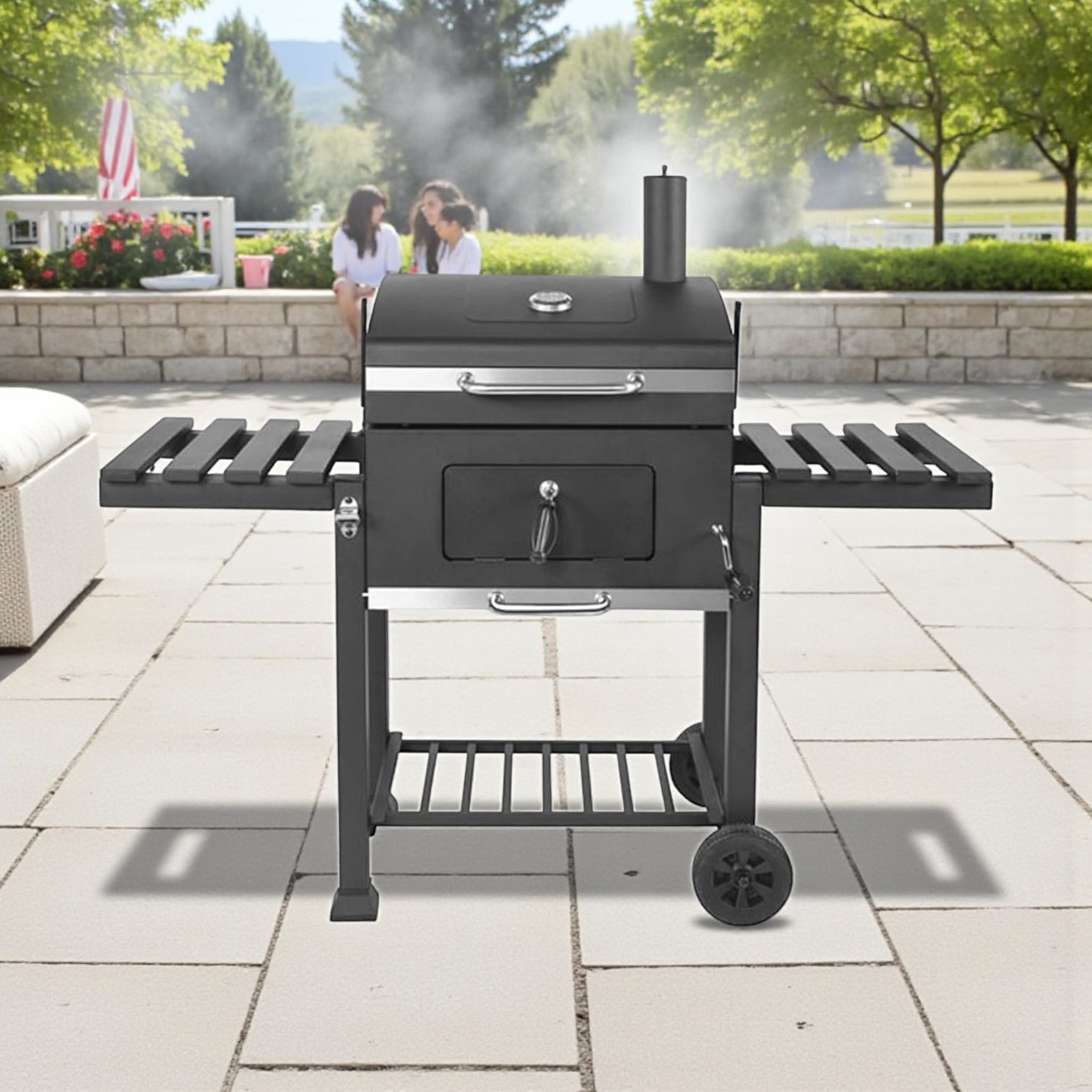 Trolley Charcoal Barbecue Grill with Wheels – Heavy-Duty Portable Charcoal BBQ Smoker for Outdoor Cooking, Camping, Backyard, Garden & Tailgating – Adjustable Steel Cooking Stove for Steak, Chicken, Burgers - Damoo