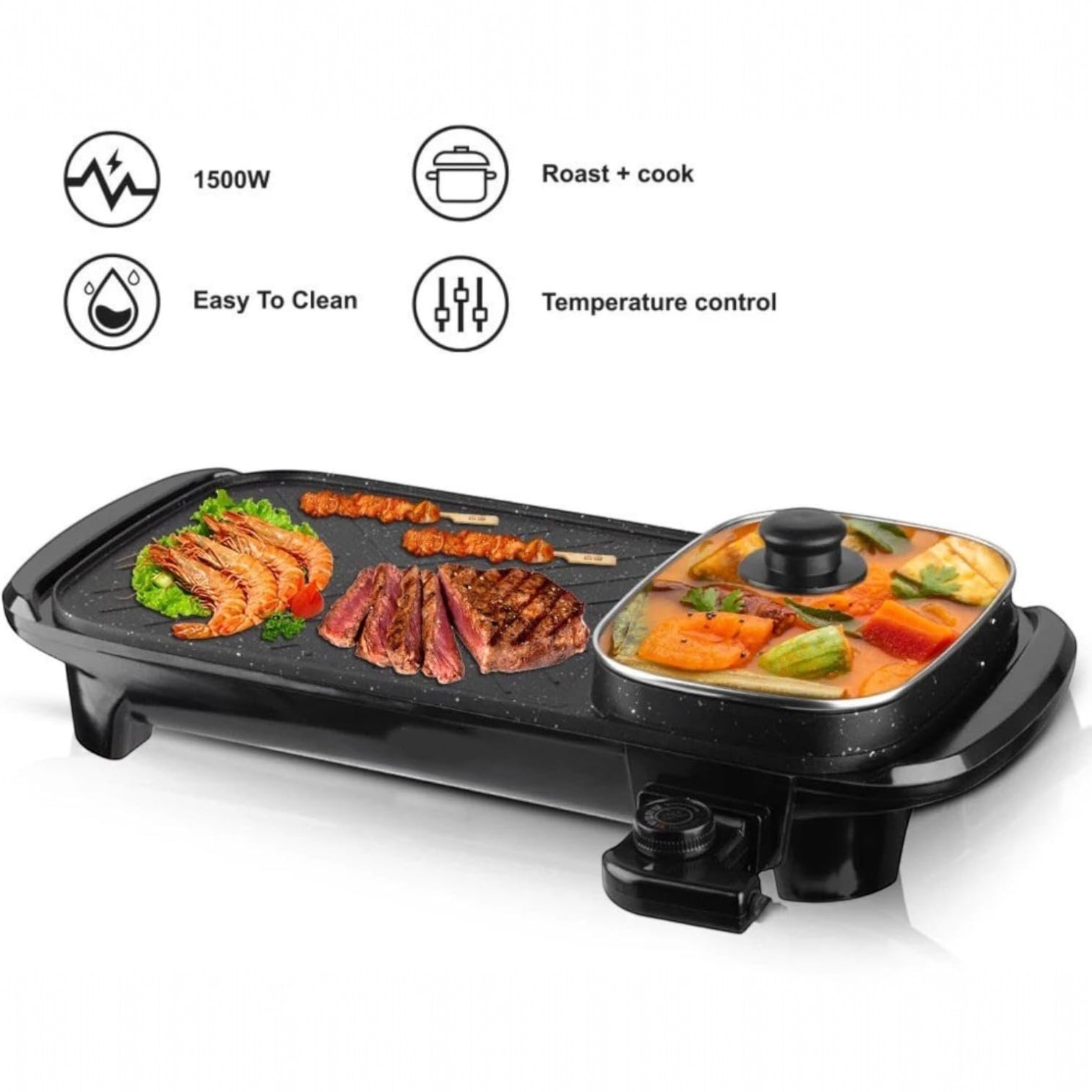 RAF R-5303 Electric Grill and Hot Pot – 2-in-1 Multifunctional Non-Stick Baking Pan, 1500W Dual Cooking Surface with BBQ Grill & Shabu Hot Pot, Portable Indoor Electric Cooker for Family Meals and Parties