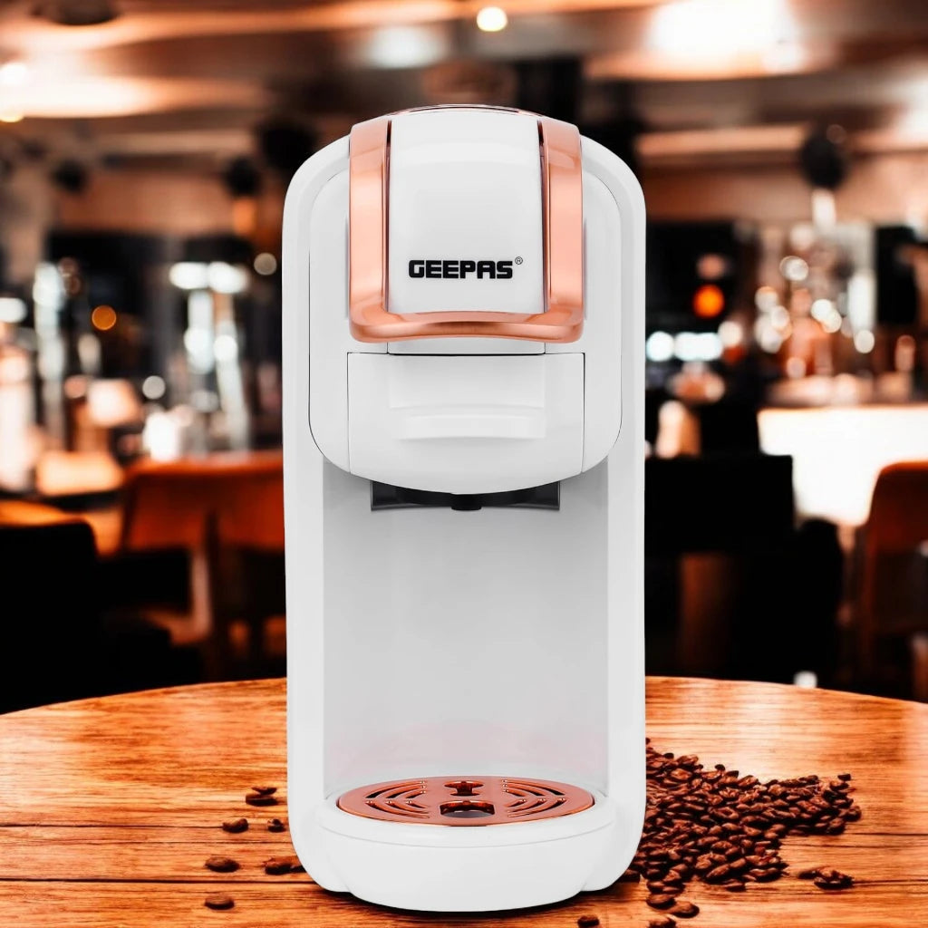Geepas 4-in-1 Capsule Coffee Machine – 20 Bar Single Serve Espresso Maker with 600ml Water Tank, Compatible with Nespresso, Dolce Gusto, Ground Coffee & Caffitaly – Adjustable Brew Sizes, Auto Clean & Shut-Off – White - Damoo