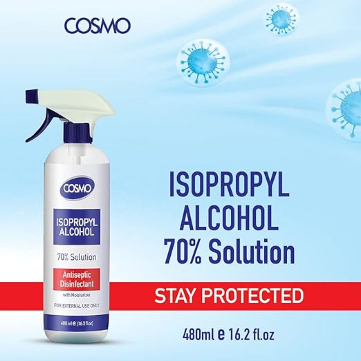 Cosmo Isopropyl Alcohol 70% Antiseptic Disinfectant Solution with Trigger Spray & Moisturizer – Multi-Purpose Germ Protection for Skin & Surfaces (480ML) - Damoo