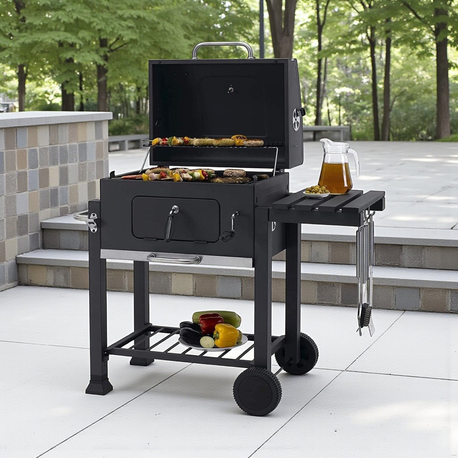 Trolley Charcoal Barbecue Grill with Wheels – Heavy-Duty Portable Charcoal BBQ Smoker for Outdoor Cooking, Camping, Backyard, Garden & Tailgating – Adjustable Steel Cooking Stove for Steak, Chicken, Burgers - Damoo