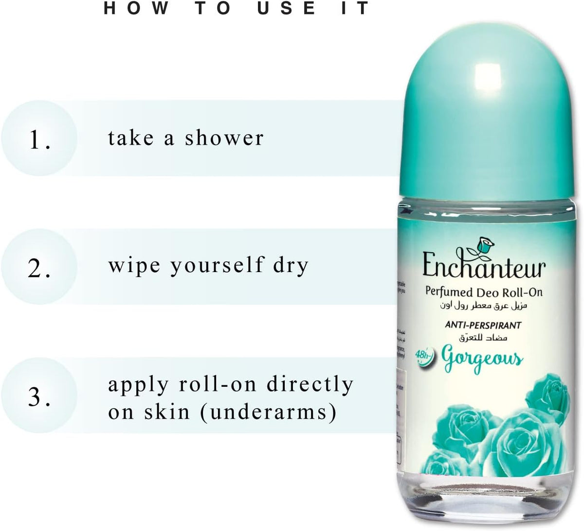 Enchanteur Perfumed Roll-On Antiperspirant – Gorgeous, Turquoise - 50 ml | 48H Anti-Perspirant