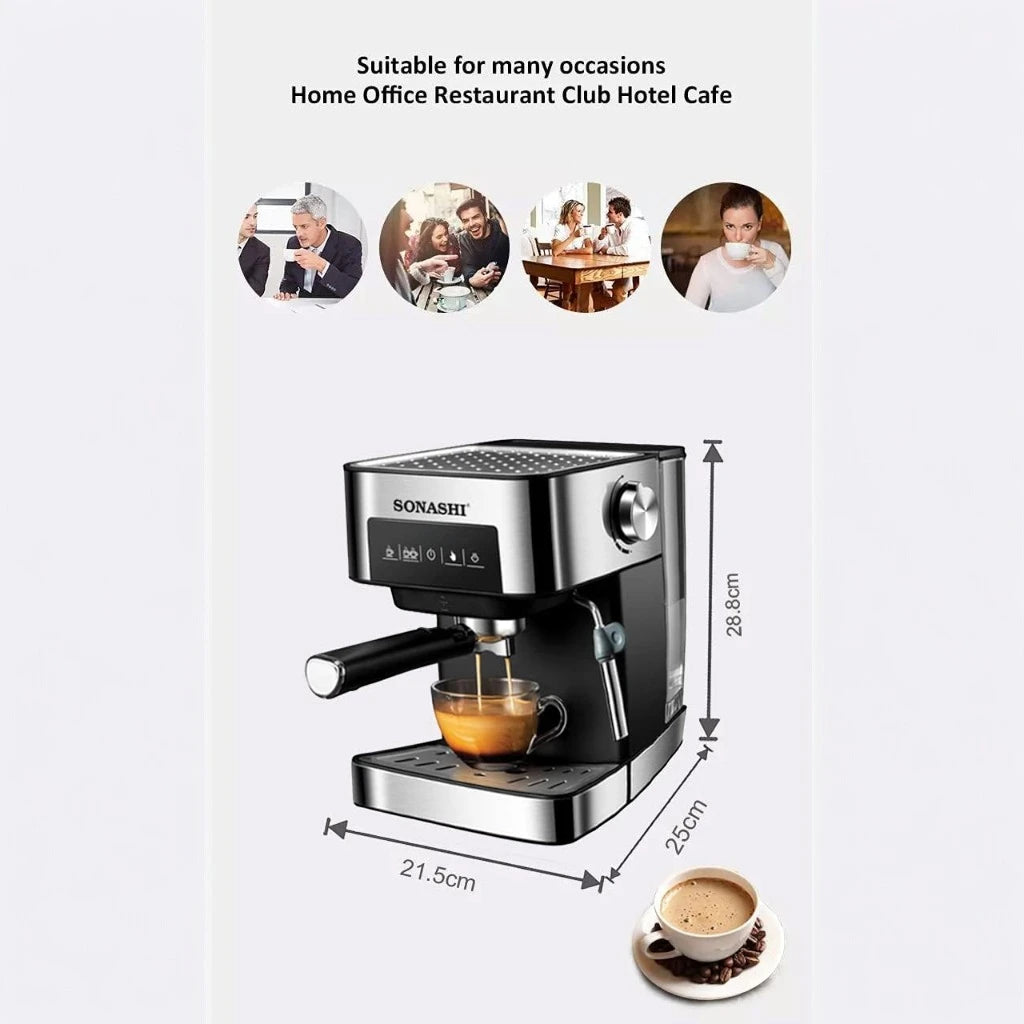 Sonashi All-in-One Coffee Machine – 850W Espresso Maker with Touch Control Panel, 15 Bar Pressure, 1L Removable Water Tank, Steam Nozzle & Overheat Protection – Countertop Coffee Maker for Home & Office - SCM-4964 - Damoo