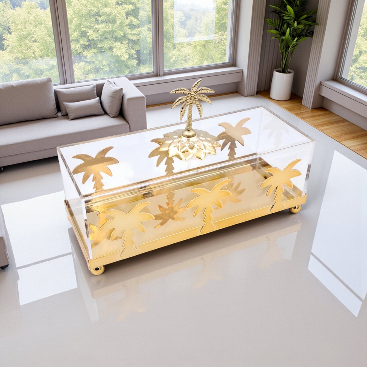 صندوق زخرفي فاخر على شكل شجرة نخيل من الأكريليك والذهب - صينية تخزين أنيقة مع غطاء وقاعدة ذهبية وتصميم نخلة (الارتفاع 16 سم × العرض 10 سم × الطول 24.5 سم)