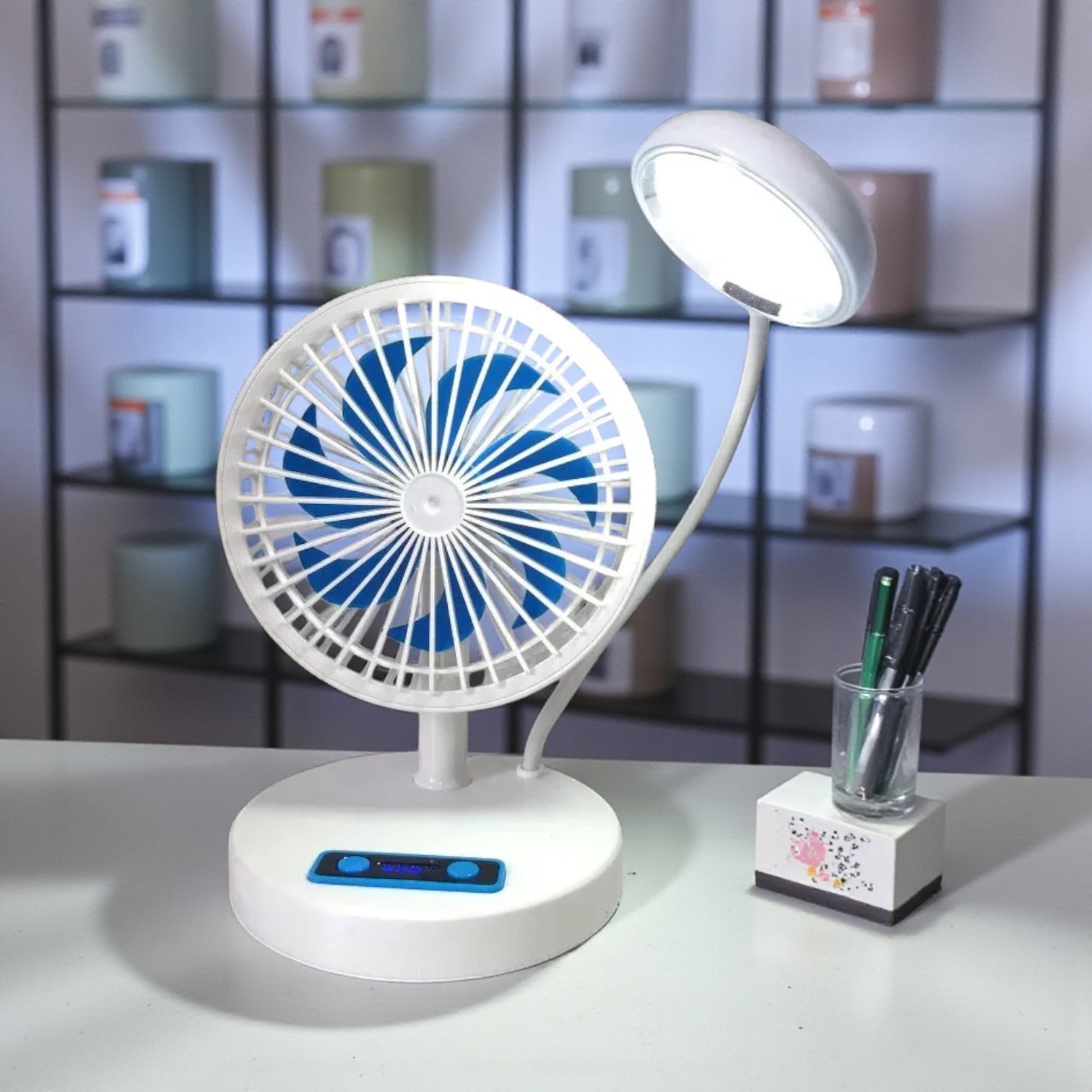 JR-2022 Multifunctional Rechargeable Fan with LED Light – 3000mAh Battery, USB Charging, Adjustable Speeds & Brightness | Foldable Desk & Table Fan with Power Bank Output - Damoo
