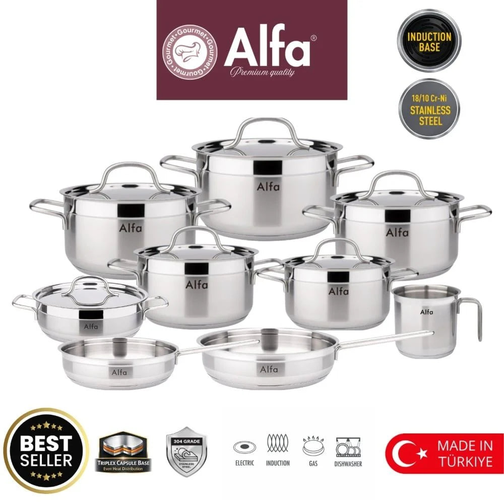 Alfa 15 Pieces Premium Stainless Steel Cookware Set – Induction Base, Silver Pots and Pans with 2.0–12L Capacities