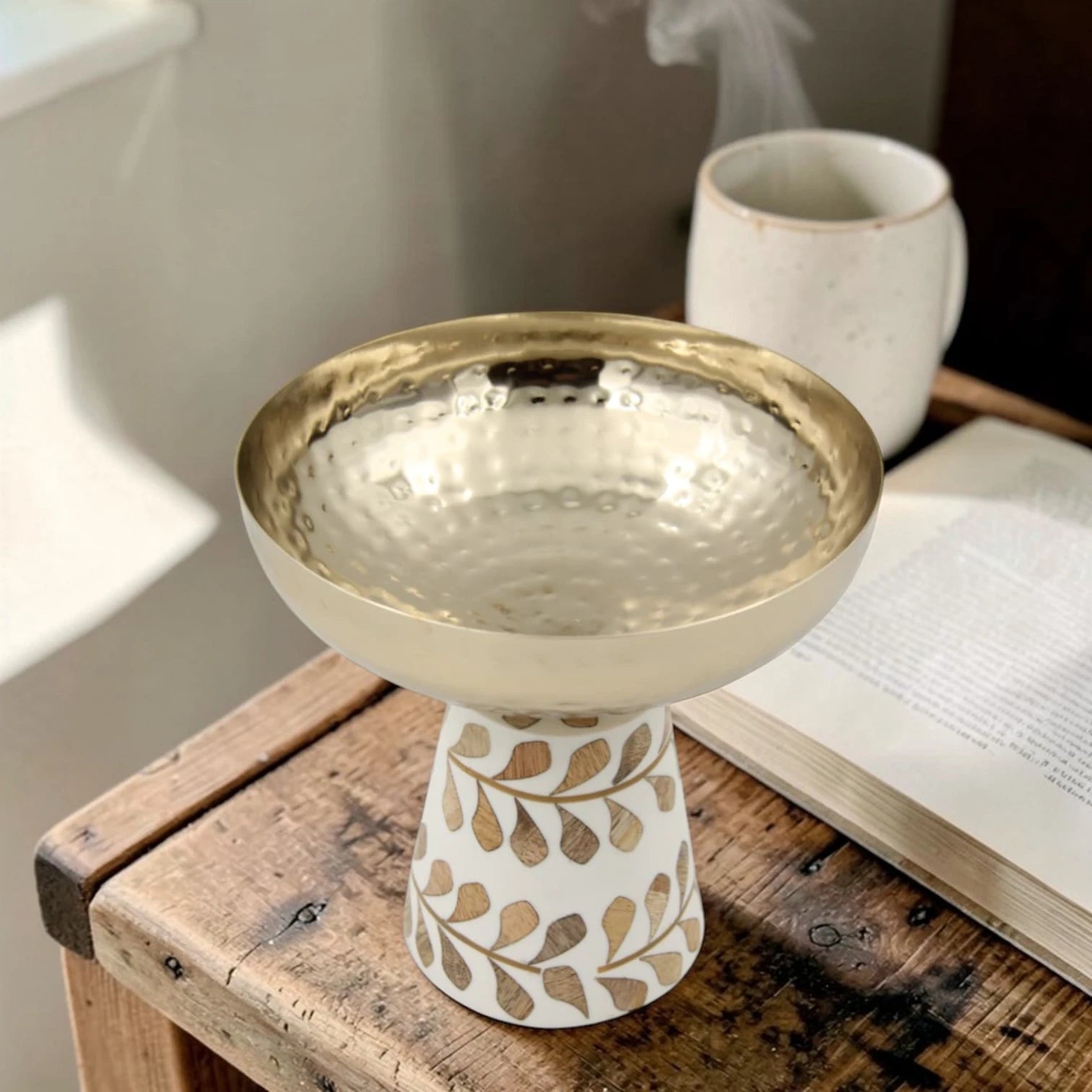 Hammered Metal Pedestal Serving Bowl with Decorative Inlay Base – Elegant Elevated Fruit & Dessert Bowl for Table Centerpiece (20H x 20L x 20W CM)