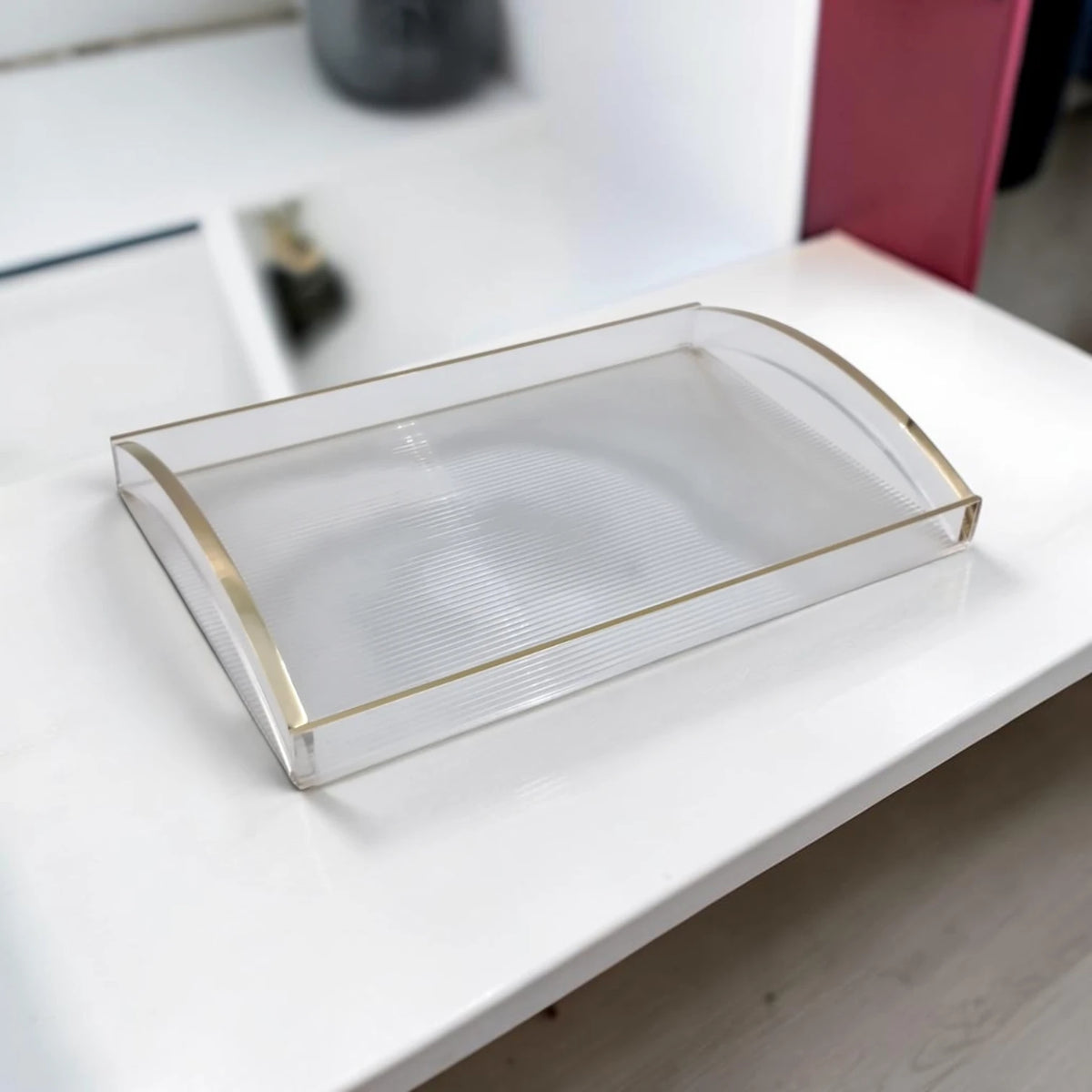 Modern Acrylic Serving Tray with Gold & Silver Arc Handles – Clear Ribbed Organizer Tray (6H x 40L x 27W CM) - Damoo