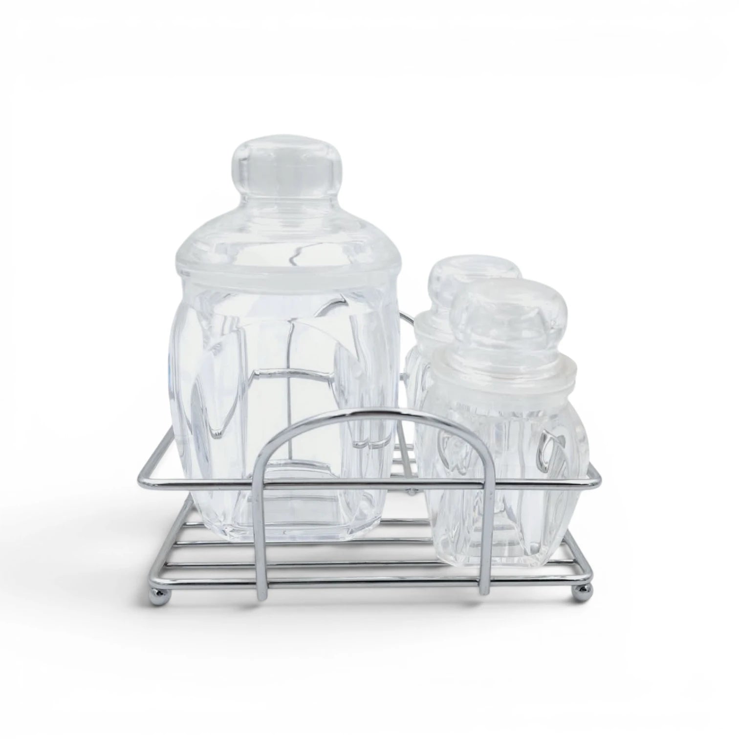 Acrylic Sugar Salt & Pepper Pot Set with Metal Rack, 3 Piece Clear Storage Jars with Lids for Kitchen Countertop Seasoning Organizer, Multi-Purpose Condiment Container Set - Damoo