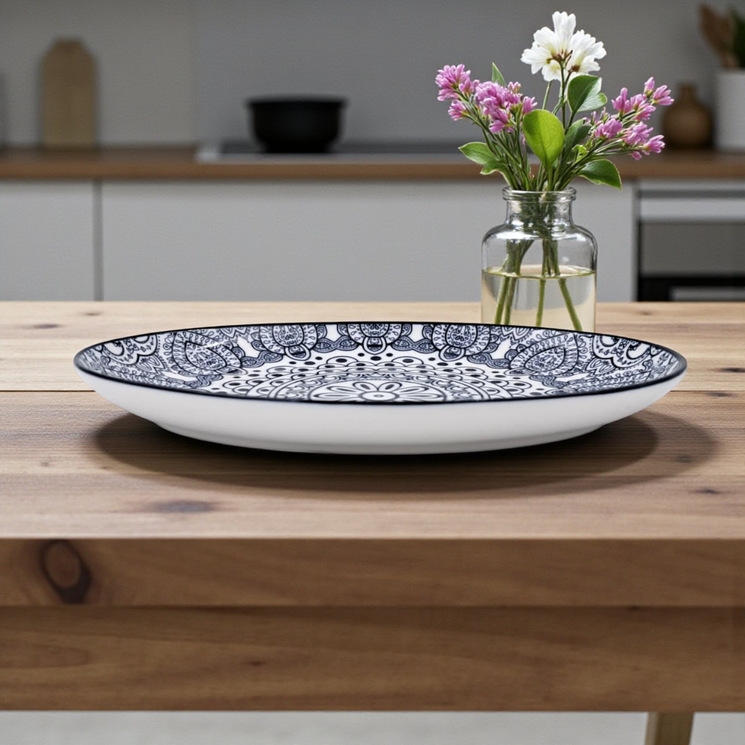 Ceramic Oval Bowl 20 cm – Blue Arabesque Pattern | Glazed Porcelain Serving Bowl for Snacks, Desserts, Nuts & Side Dishes | Microwave & Dishwasher Safe