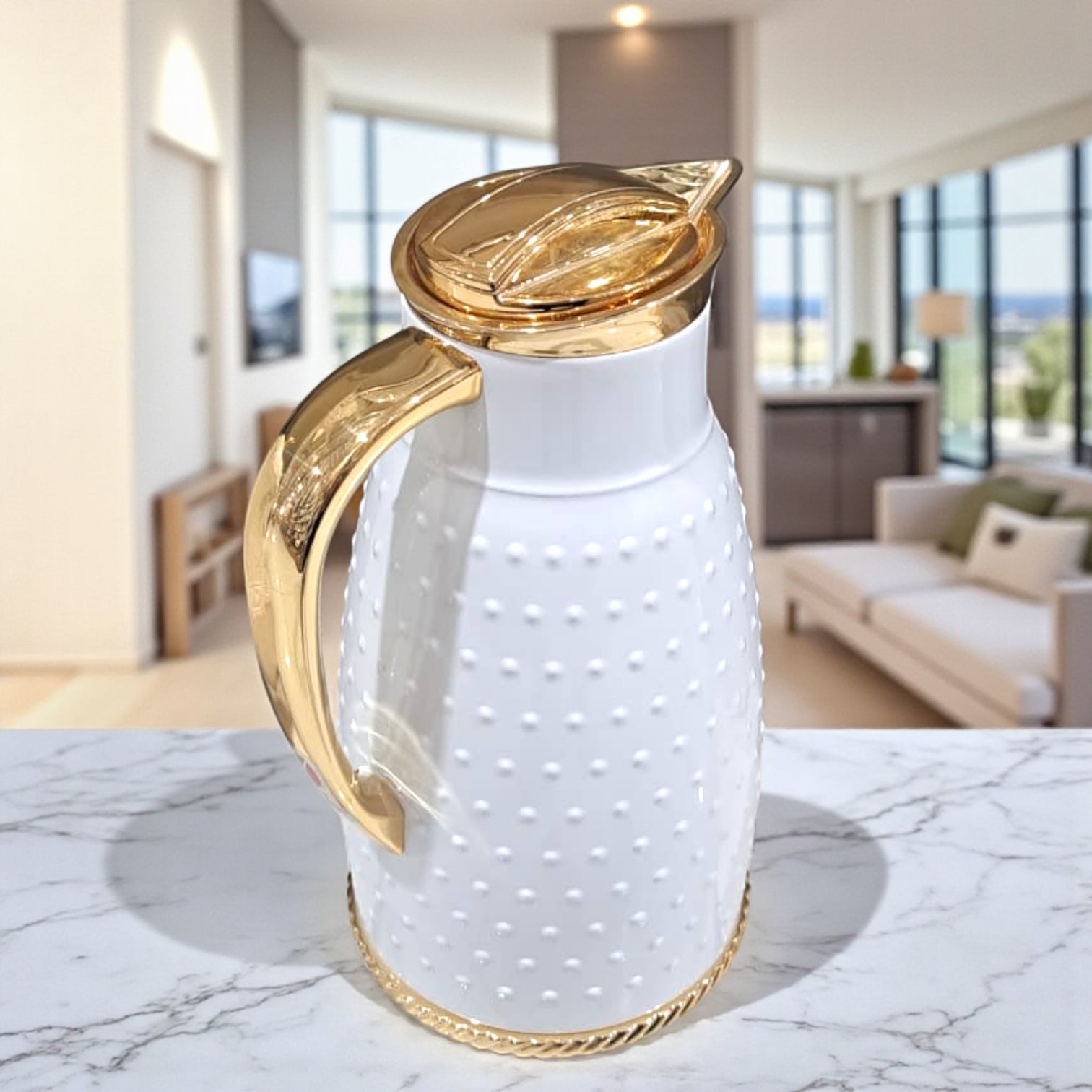 Ansa Premium White Insulated Thermos Flask – Elegant Dotted Design with Chrome or Gold Finish – 1L Vacuum Jug for Hot & Cold Beverages - Damoo