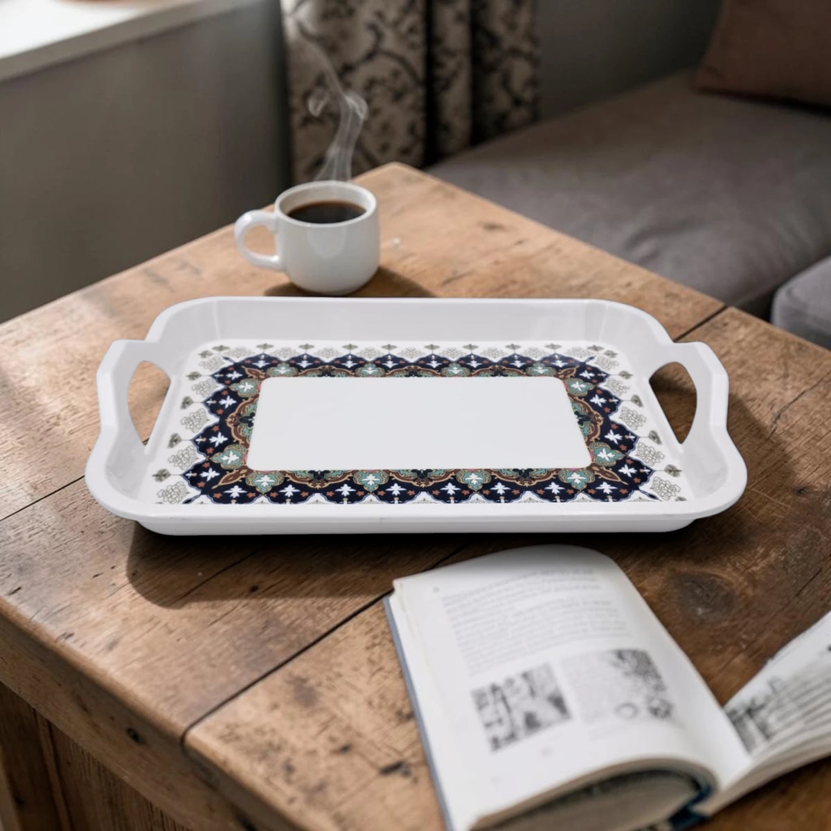 Rectangular Serving Tray with Handles & Decorative Border Design – Multipurpose Tea, Coffee & Food Serving Tray - Damoo