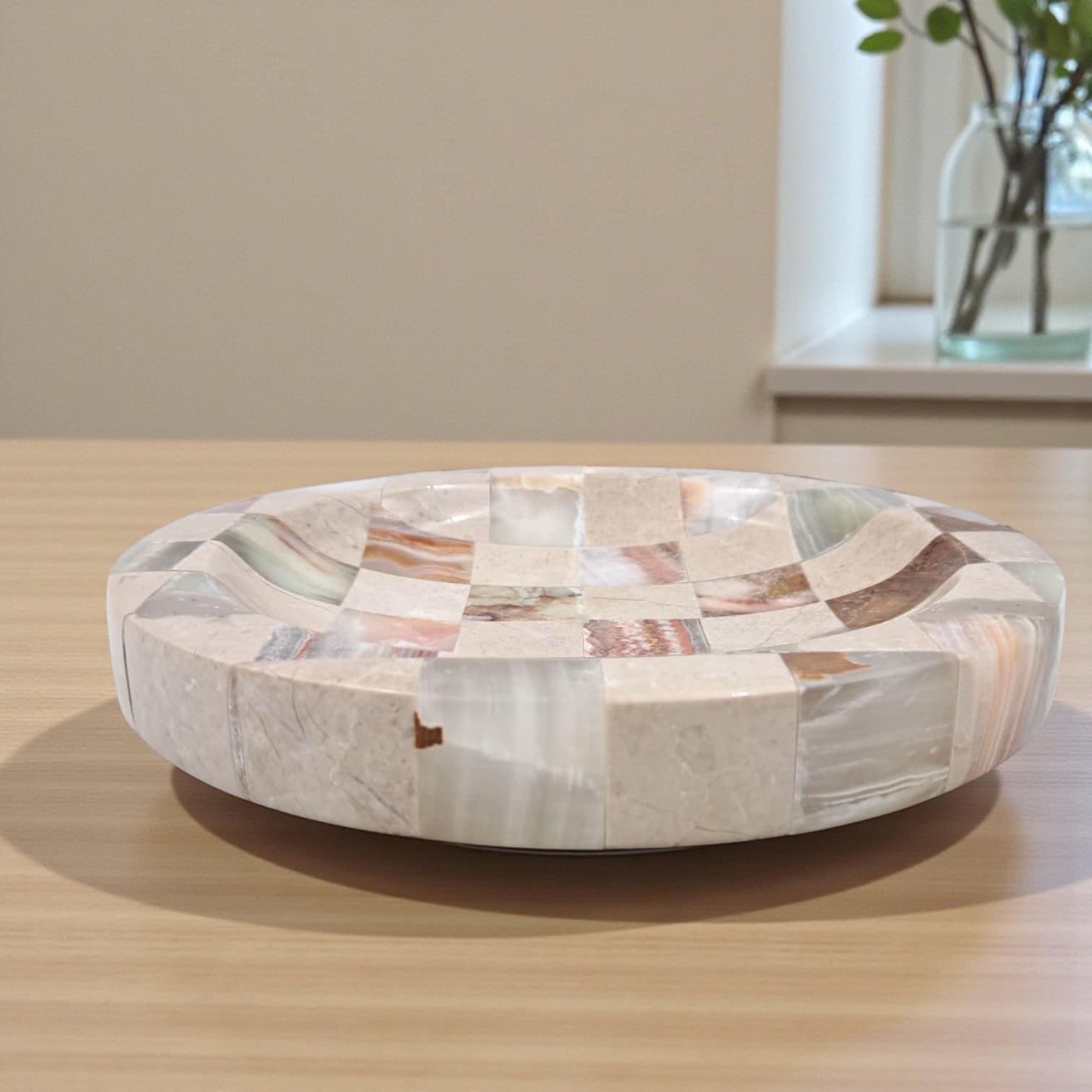Modern Travertine & Onyx Stone Tray – Handcrafted Checkered Decorative Plate for Jewelry, Keys & Home Décor (H2.5 x 20L × 20W CM) - Damoo