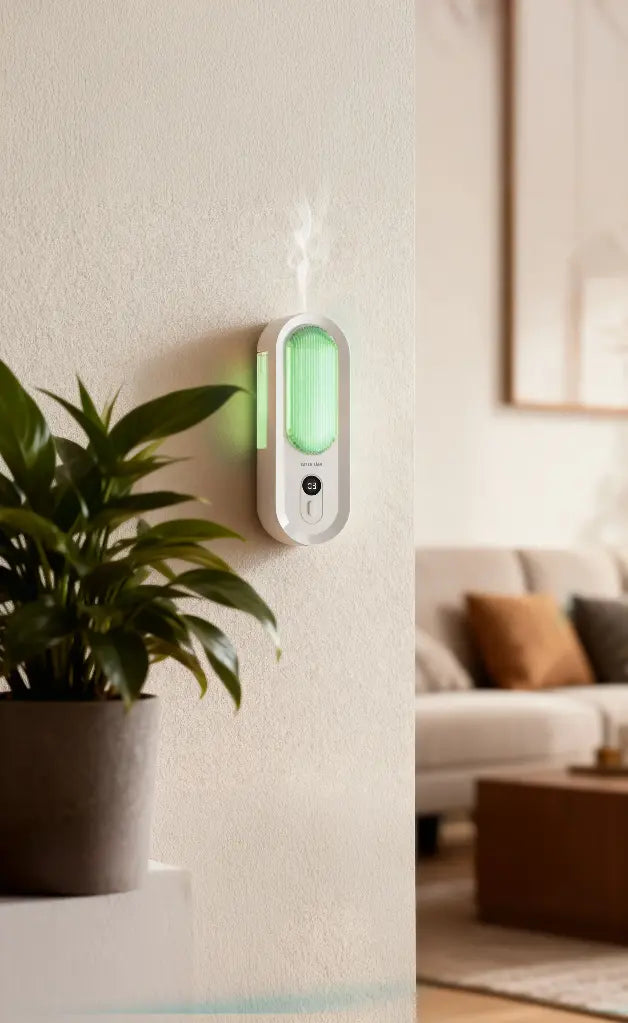 موزع العطور المثبت على الحائط GREEN LION AROMA LITE – سعة 55ML، ضبط الرذاذ بـ5 مستويات، إضاءة LED وشاشة رقمية، أبيض بمقبض أخضر
