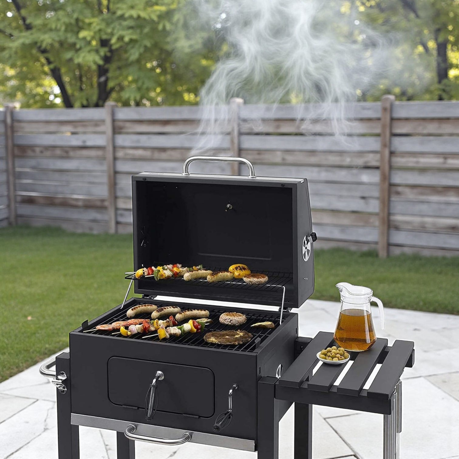 Trolley Charcoal Barbecue Grill with Wheels – Heavy-Duty Portable Charcoal BBQ Smoker for Outdoor Cooking, Camping, Backyard, Garden & Tailgating – Adjustable Steel Cooking Stove for Steak, Chicken, Burgers - Damoo