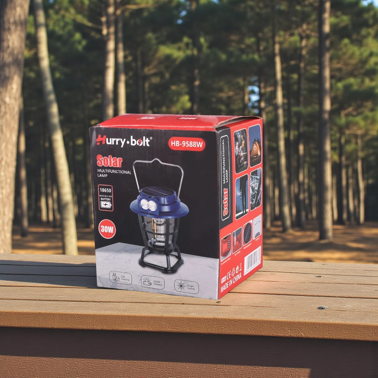 Hurry Bolt HB-9588W Solar Emergency Lantern – 30W Multifunctional LED Flashlight with Built-in 18650 Battery, USB & Solar Charging, 3 Light Sources – Outdoor Camping, Hiking, and Emergency Light - Damoo