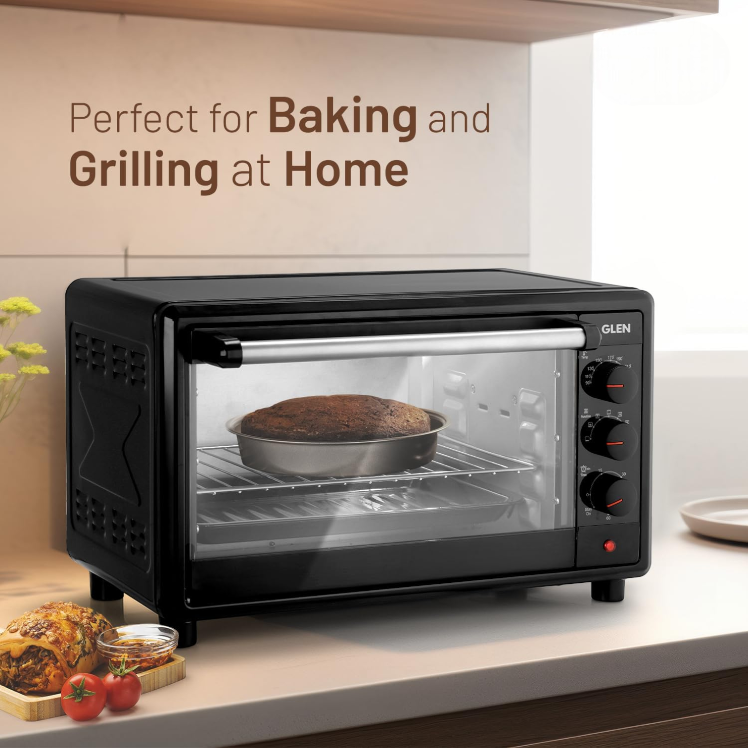 HTHCÖ 48L Electric Oven HTH260D – Multifunction Toaster Oven with Convection Fan, Rotisserie & Keep Warm Function | Compact Countertop Oven for Toasting, Baking, Grilling & Roasting (Black) - Damoo
