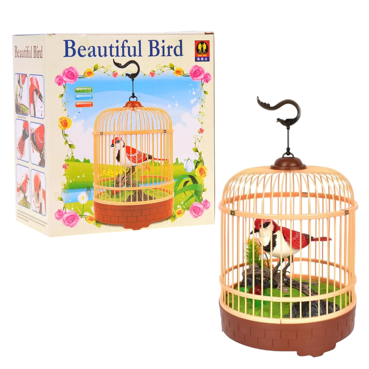 Zephyr Knight Singing & Chirping Bird in Cage – Realistic Sounds & Movements, Sound Activated, Battery Operated Pet Bird Toy, Decorative Desk & Room Accessory - Damoo
